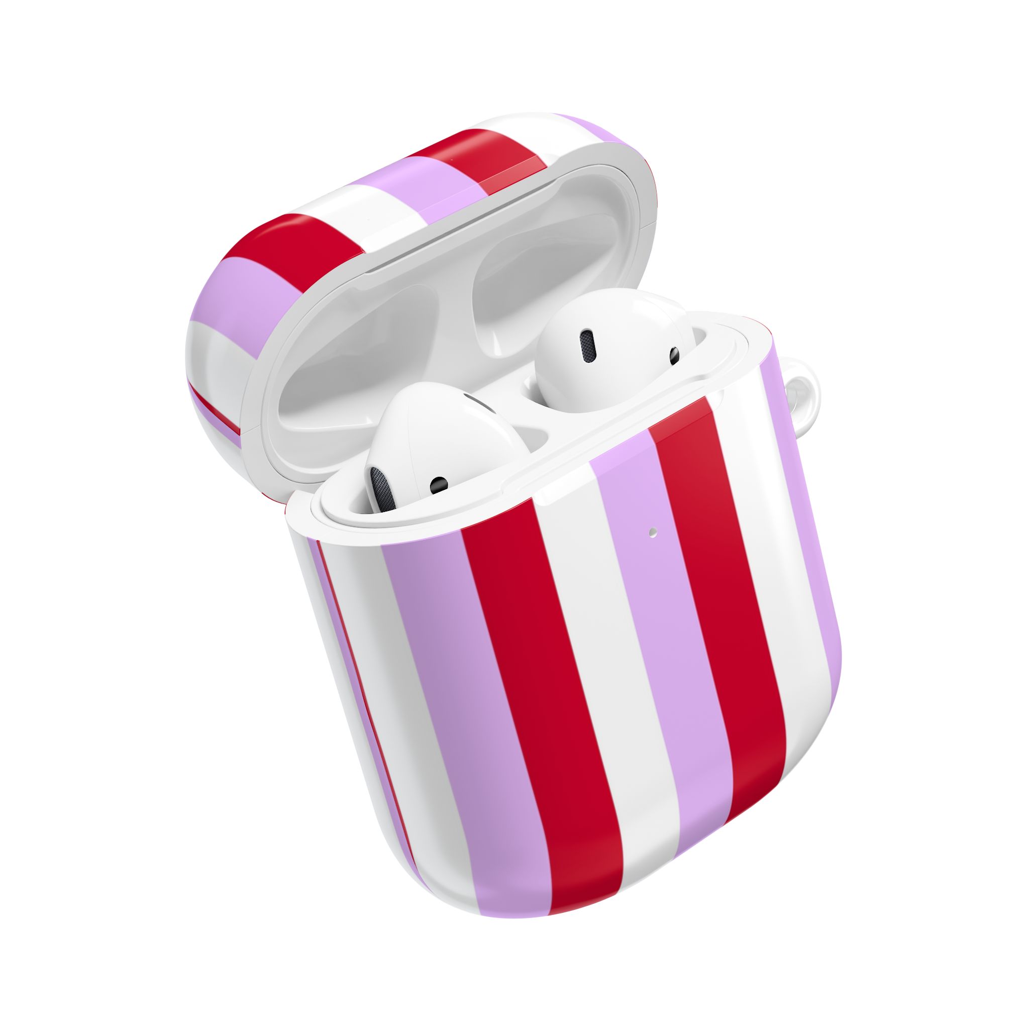 Vibrant striped wireless earbuds case with a modern design, featuring red, white, and lavender colors, perfect for stylish audio accessories.