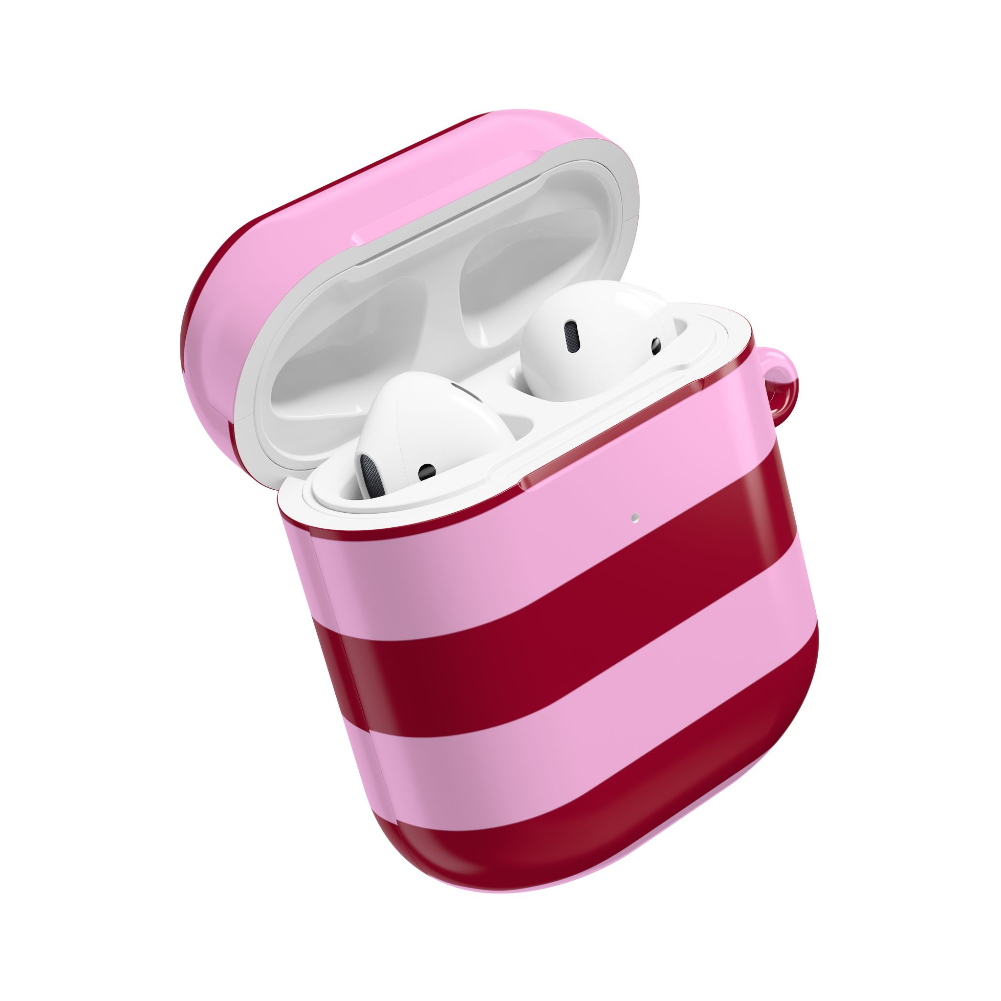 Wireless earbuds in a pink and red striped charging case, modern tech accessories, portable premium audio, stylish and convenient music accessories for daily use.