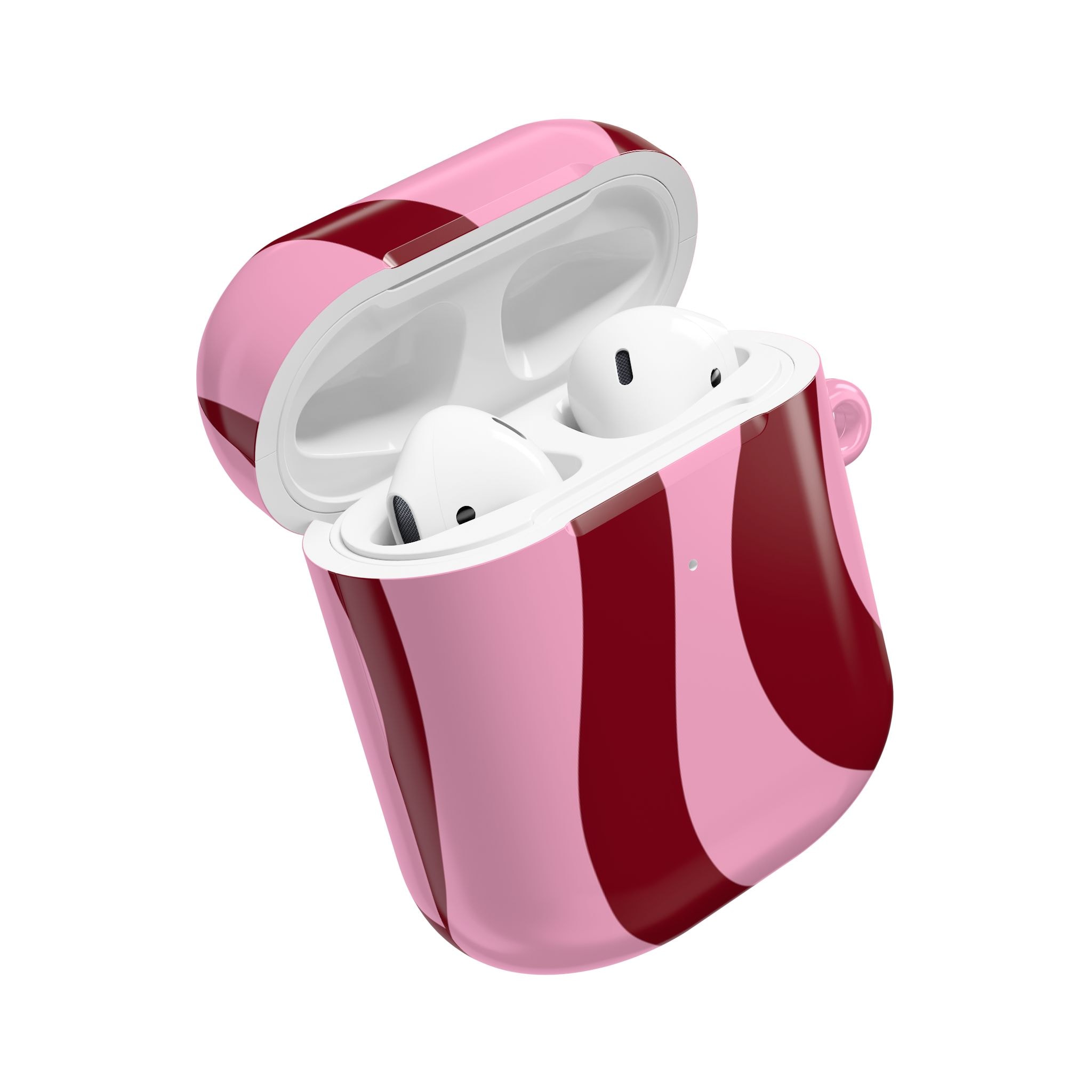Wireless earbuds in a pink and red striped charging case with a sleek, modern design, perfect for on-the-go listening and stylish accessories.