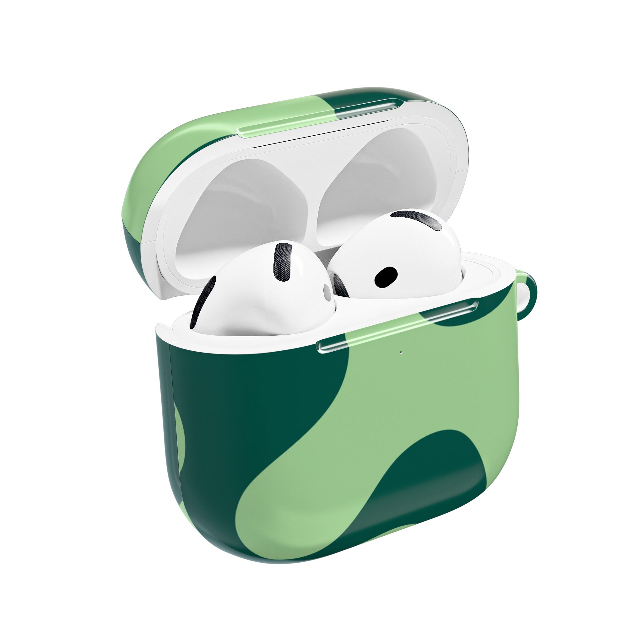 Wireless earbuds in a green camouflage-style charging case, modern audio technology, portable and stylish, ideal for music lovers and on-the-go use.
