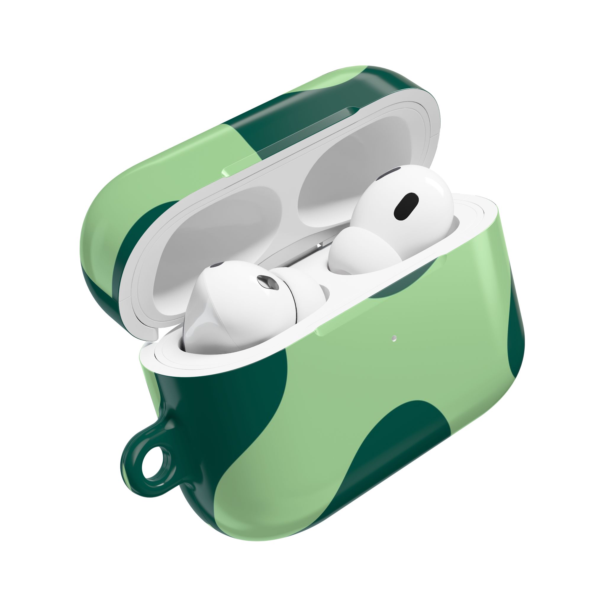Wireless earbuds in a green camouflage-patterned charging case, modern tech accessory for music, calls, and audio convenience.
