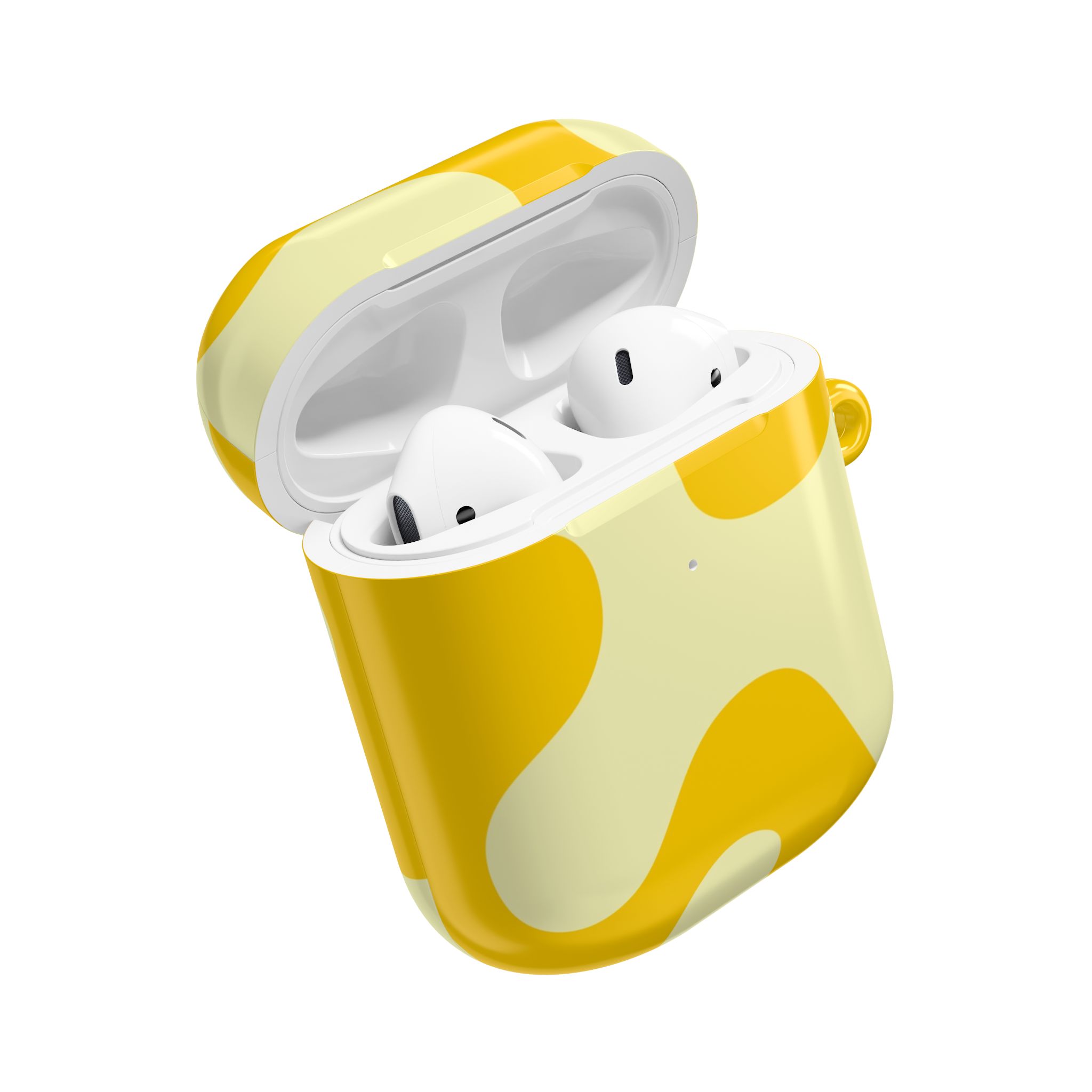 Wireless earbuds in a yellow camouflage charging case, modern tech accessories, stylish audio gear, portable music listening device, compact wireless earphones for on-the-go use.