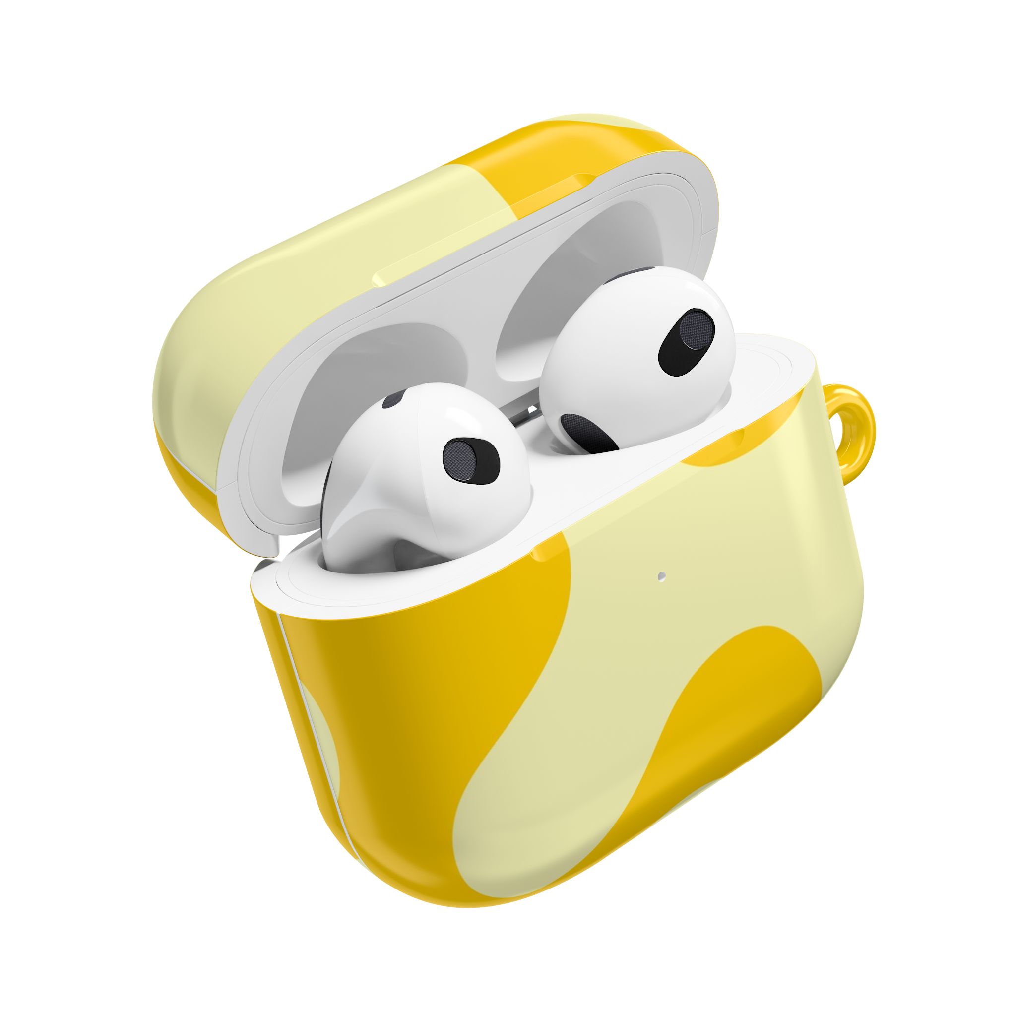 Wireless earbuds in a yellow and white protective case featuring a playful, modern design ideal for active lifestyles. Perfect for music, calls, and on-the-go use.