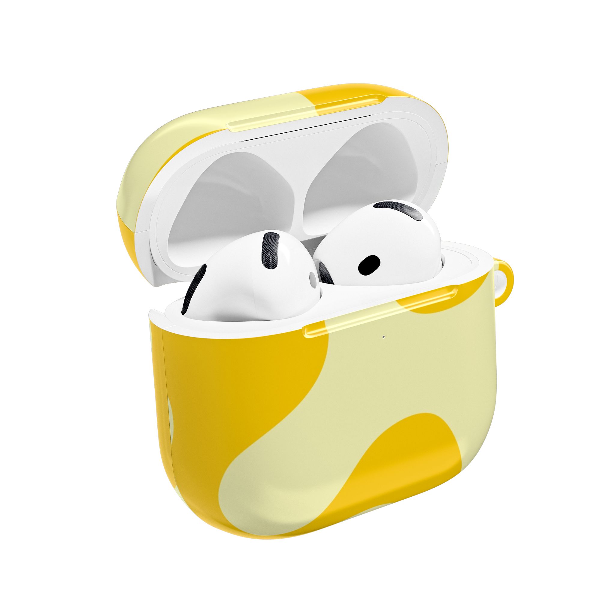 Wireless earbuds in a yellow and white floral-patterned charging case, modern and stylish audio accessory.
