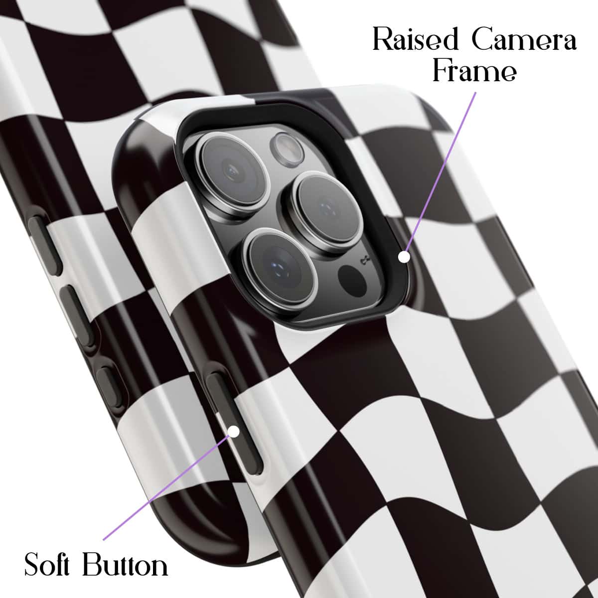 Stylish checkered phone case with raised camera frame and soft button design, offering both aesthetic appeal and protection for your smartphone. Perfect for tech accessories and modern phone customization.