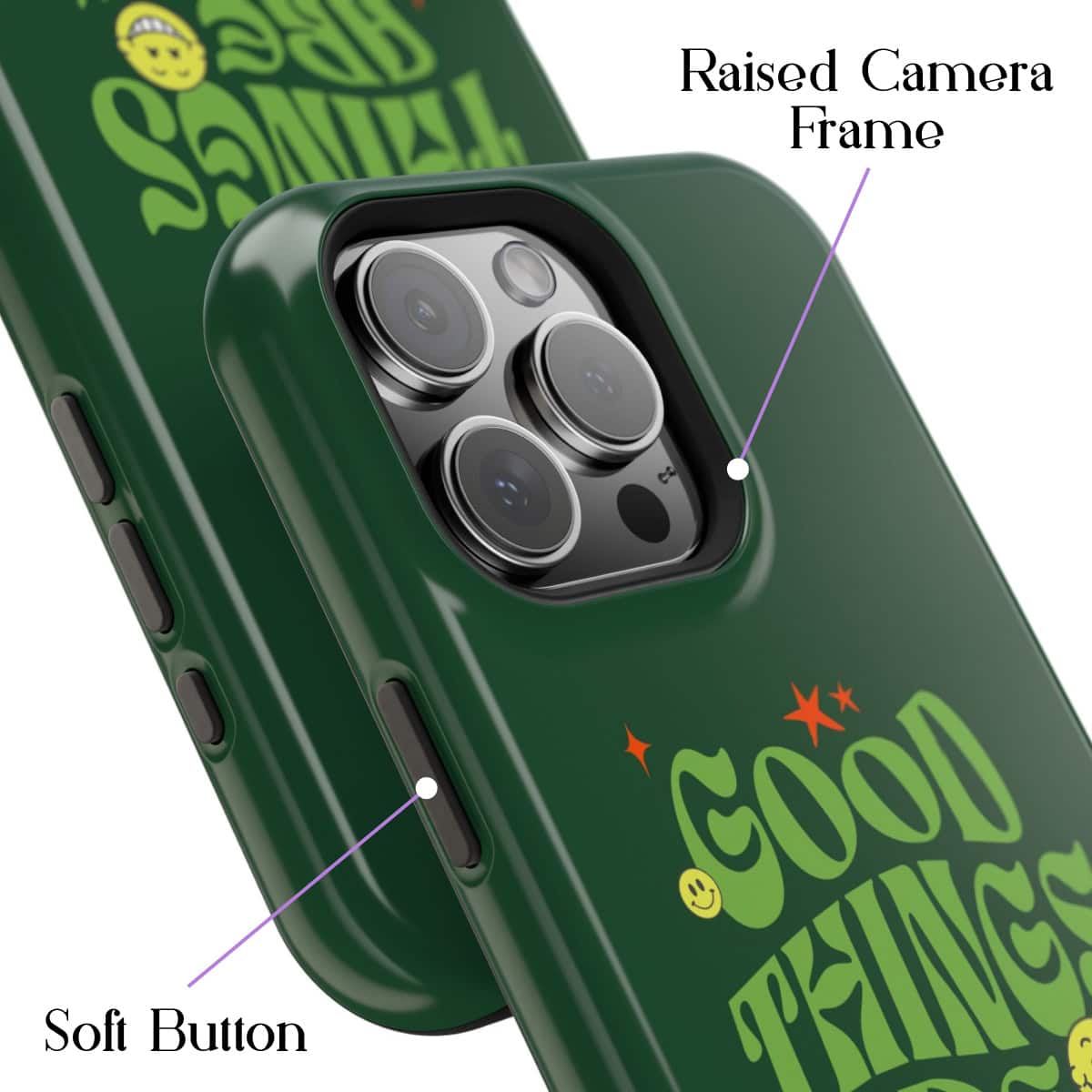 Vibrant green phone case with "Good Vibes" graphic and smiley face, featuring a raised camera frame, soft buttons, and playful design elements. Perfect for stylish, protective iPhone accessories.