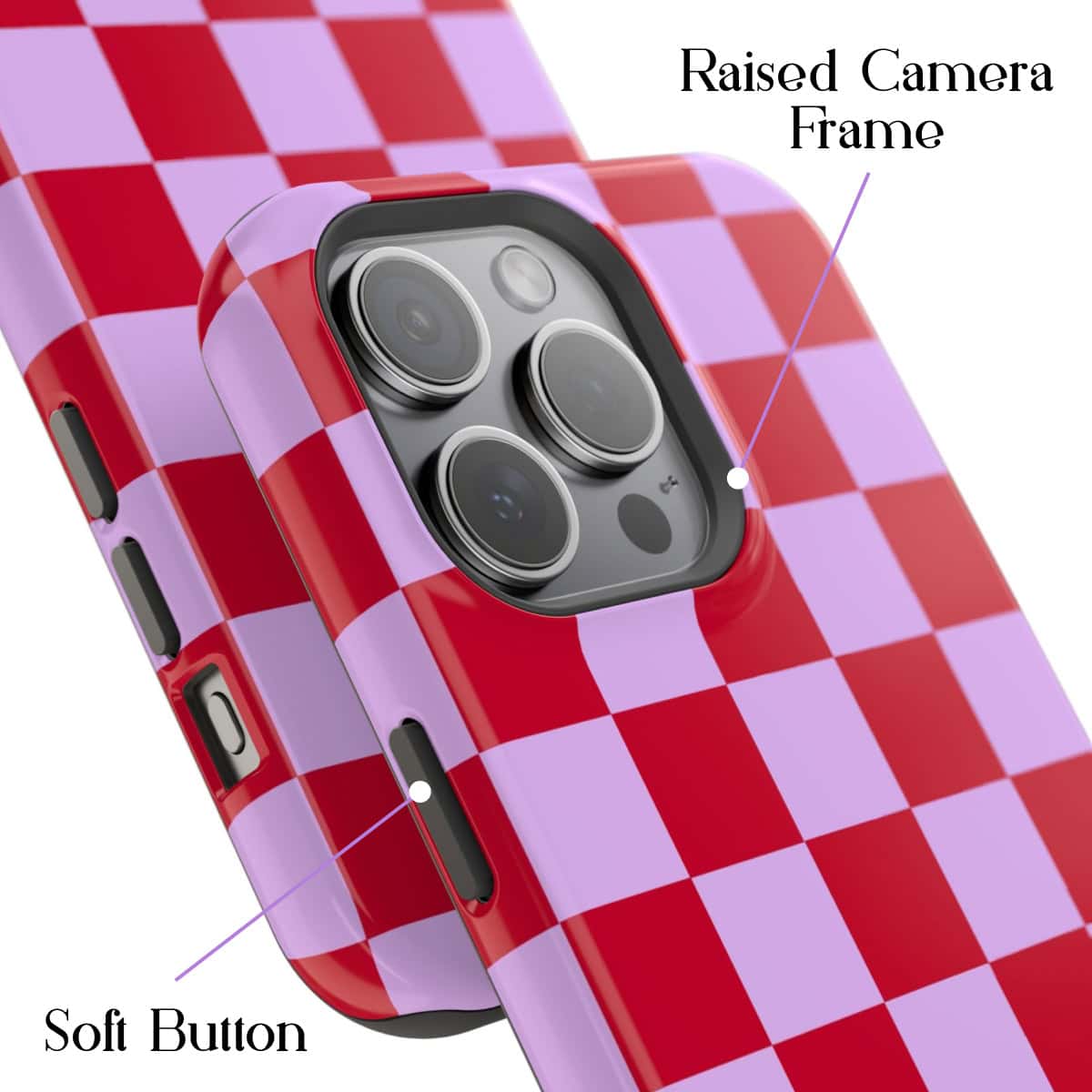 Red and pink checkered patterned mobile phone case with raised camera frame and soft buttons, designed for iPhone models, offering stylish protection and easy access to buttons and camera.