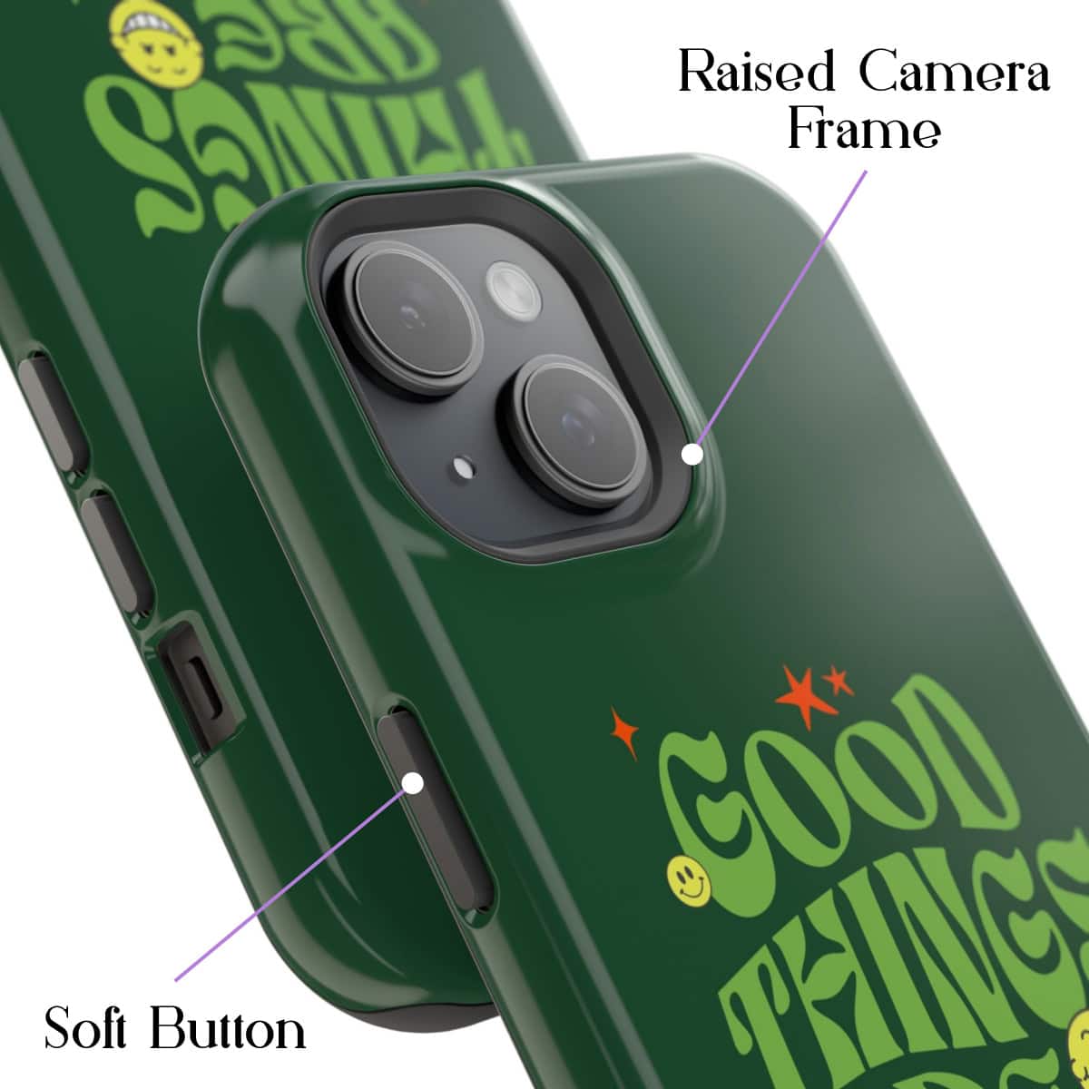 Green Fun Phone Case with "Good Vibes" design, raised camera frame, soft button, and colorful playful elements. Perfect for personalized, trendy, and protective mobile accessories.