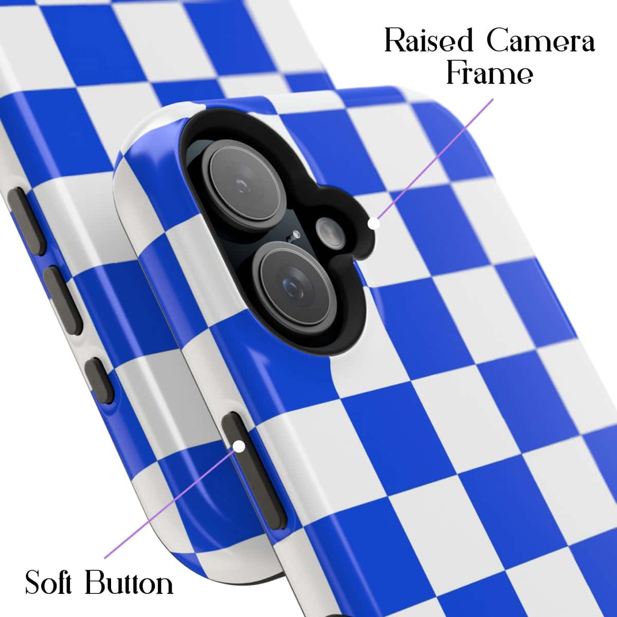 Vibrant blue and white checkered phone case with raised camera frame and soft button design, offering stylish protection and easy access for smartphone users.