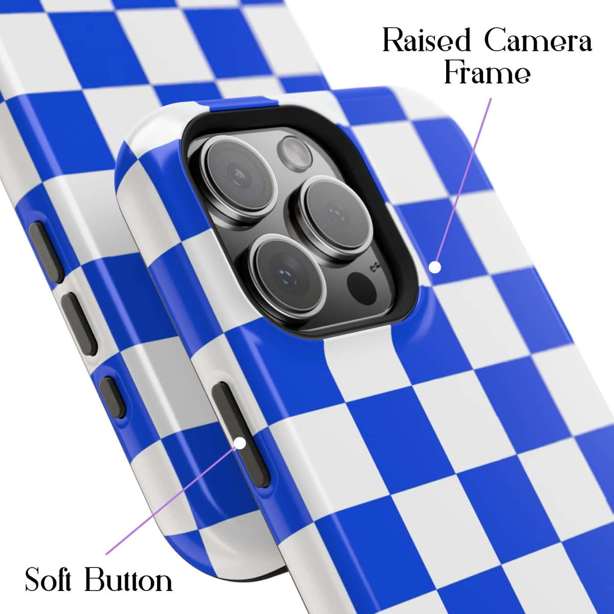 Checkered blue and white phone case with camera lens protection, featuring a raised camera frame and soft silicone buttons, designed for stylish and durable smartphone protection.
