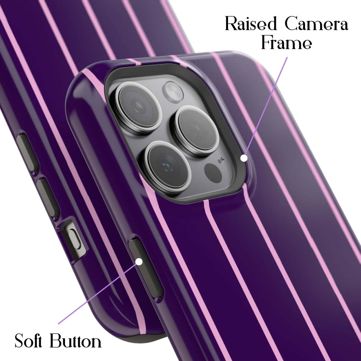 Purple striped phone case with raised camera frame, soft button, and advanced camera system, designed for stylish protection and high-quality photography.