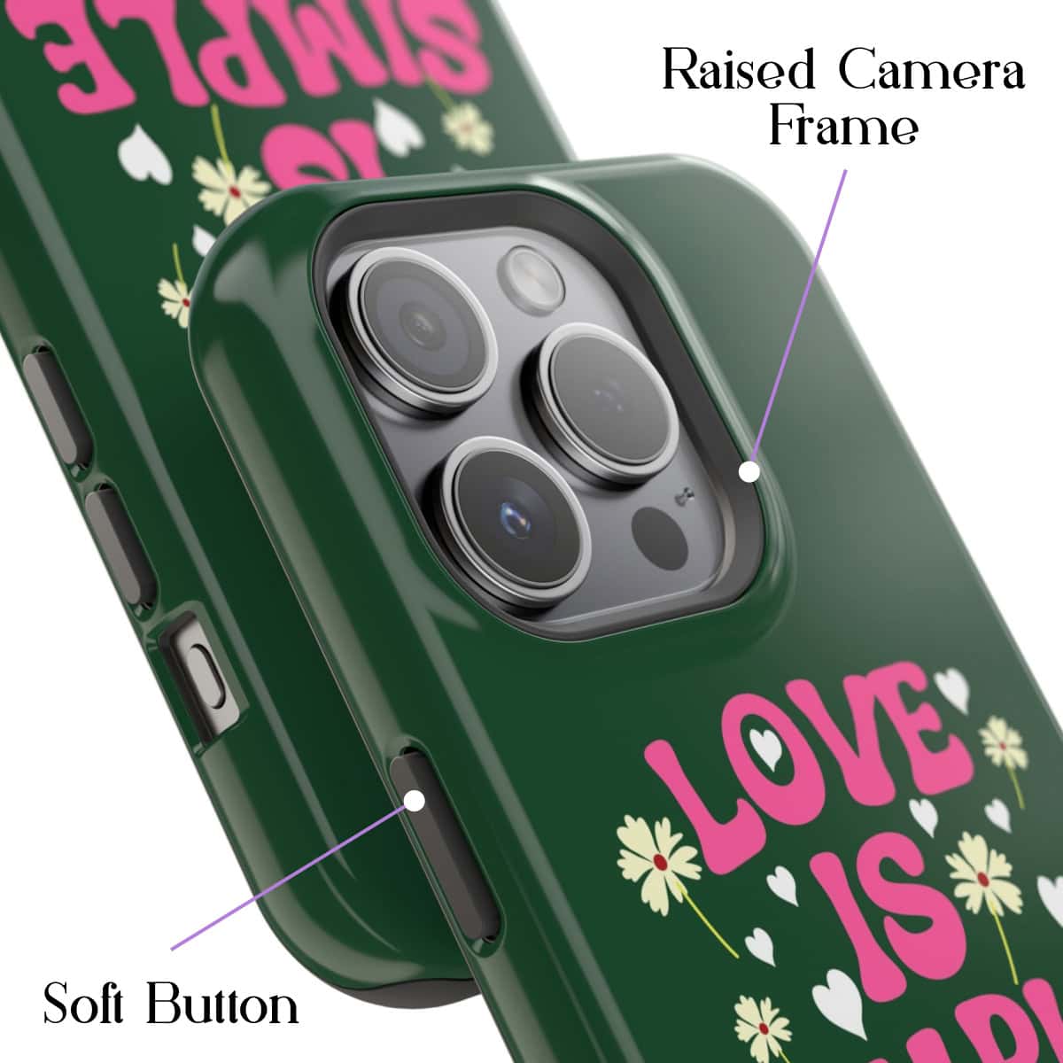 Shiny green smartphone case with floral design and pink text that says "LOVE IS," featuring a raised camera frame and soft buttons for protection and style.