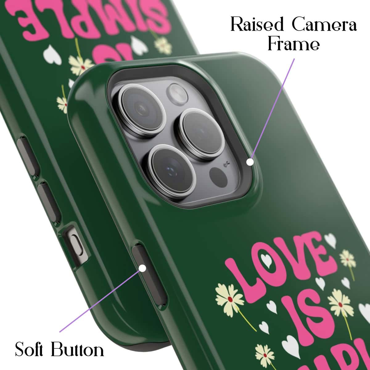 Bright green phone case with "Love is" message and floral design, features raised camera frame, soft buttons for easy access, perfect for protection and style.