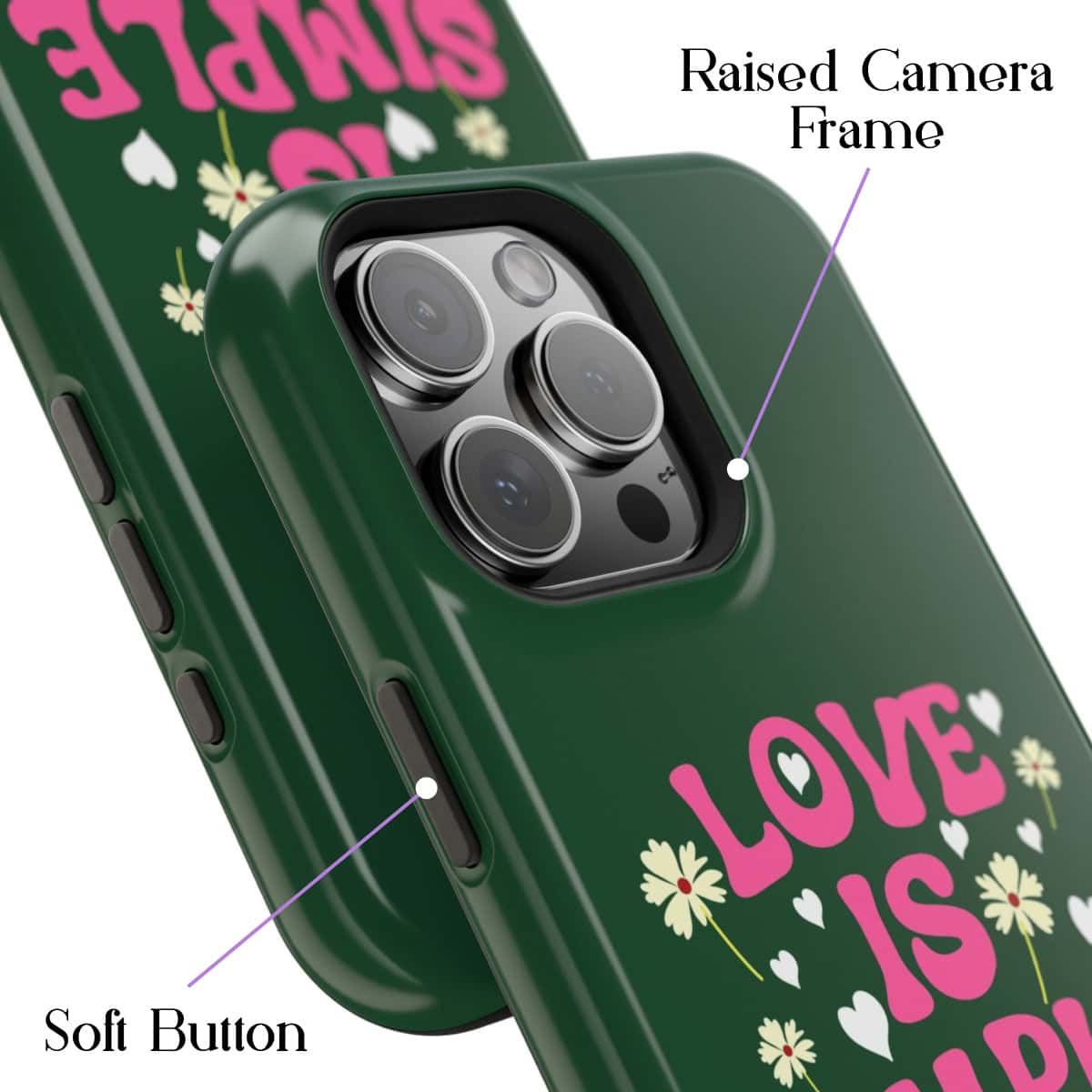 Raised camera frame for iPhone with decorative green floral love-themed phone case.