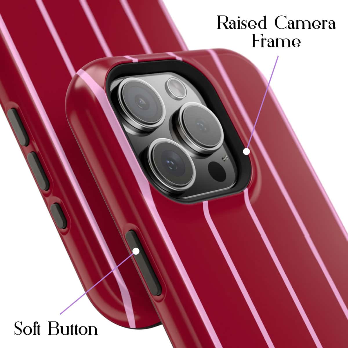 IPhone camera with raised camera frame, soft buttons, stylish red and pink striped protective case, high-quality smartphone photography, tech accessories by Florayn.