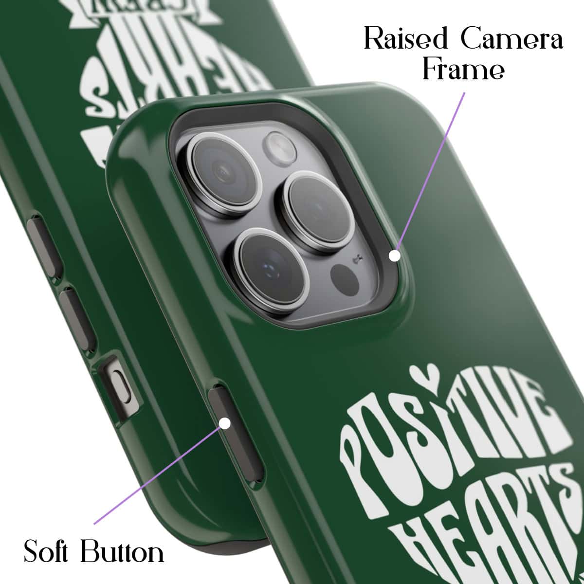 Green phone case with "Positive Vibes" design, raised camera frame, and soft button, designed for stylish and protective iPhone coverage.