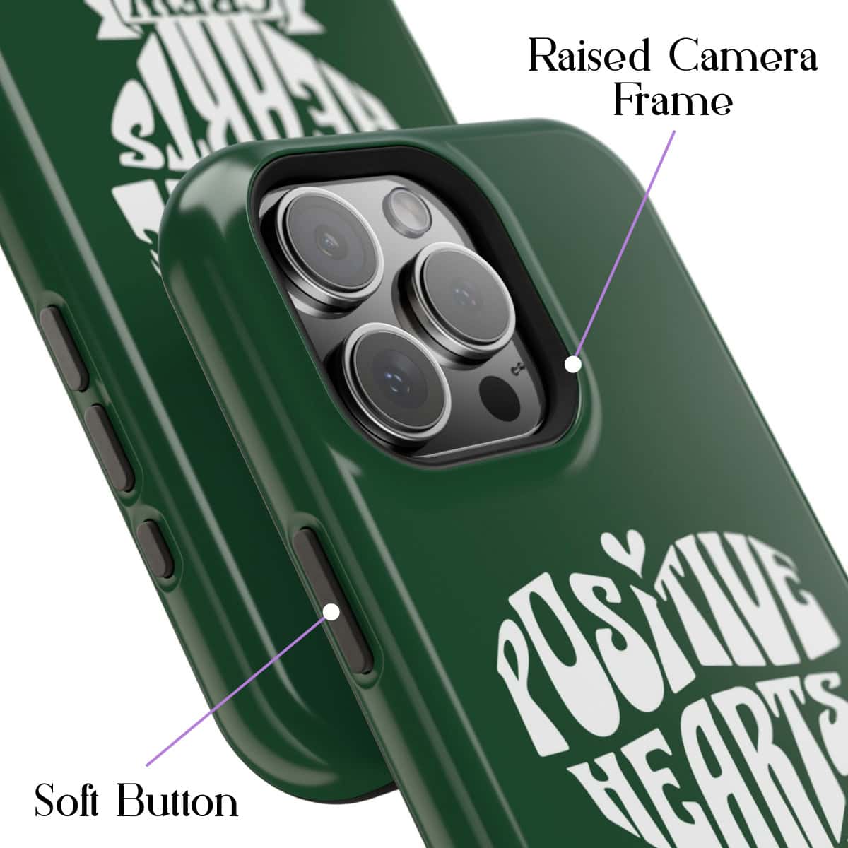 Green phone case with "Positive Vibes" graphic and camera bump detail, showcasing trendy, protective, and stylish phone accessories.