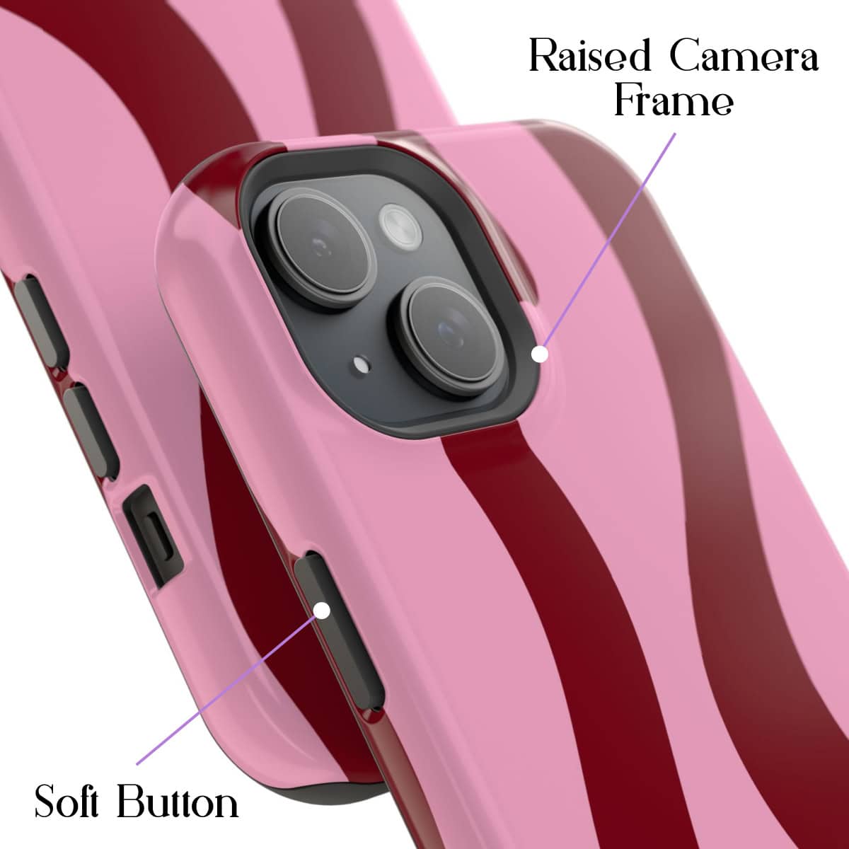 Sleek pink phone with raised camera frame and soft button, showcasing modern smartphone design elements for enhanced grip and usability.