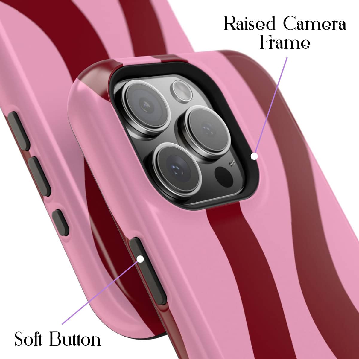 Enhanced camera phone with raised camera frame and soft buttons, featuring a stylish pink and red striped protective case for iPhone, ideal for photography enthusiasts.
