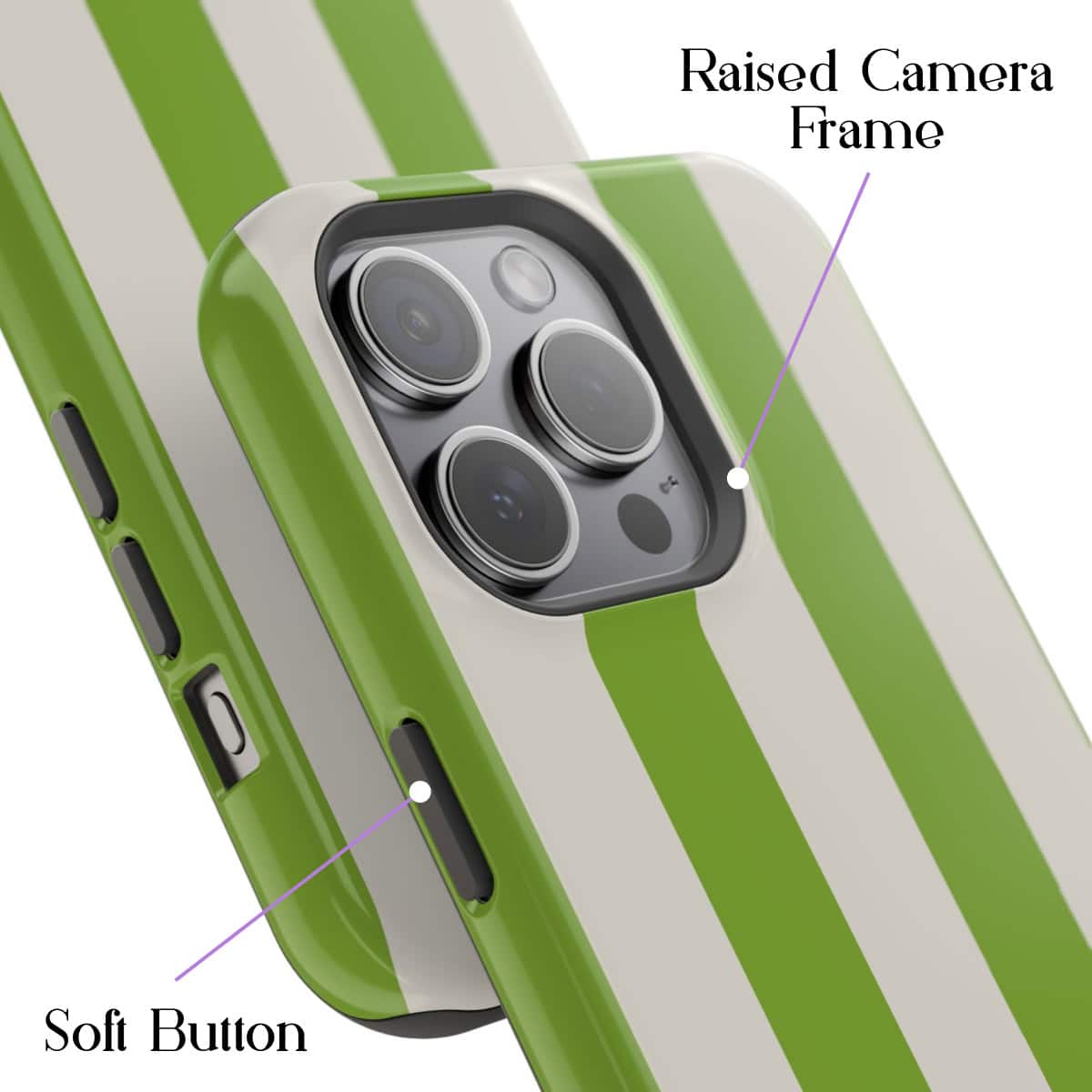 Bright green and white striped protective phone case with raised camera frame and soft buttons, specifically designed for iPhone models. Enhances durability and style while providing easy access to buttons and ports, ideal for tech enthusiasts.