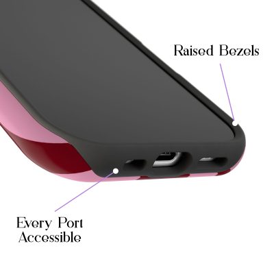 Silicone phone case with raised bezels, accessible ports, and a pink and black design for enhanced protection and style. Perfect for safeguarding your device while maintaining functionality.