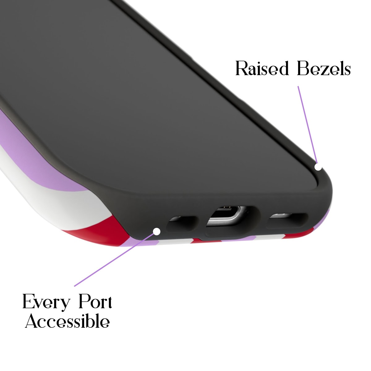 Brightly colored phone case featuring raised bezels for screen protection, multiple accessible ports for easy connectivity, and a vibrant design that combines style and functionality.