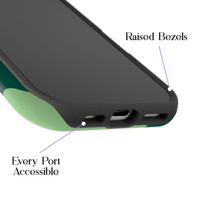 Sleek mobile phone with raised bezel protection and easily accessible ports for durability and convenience.