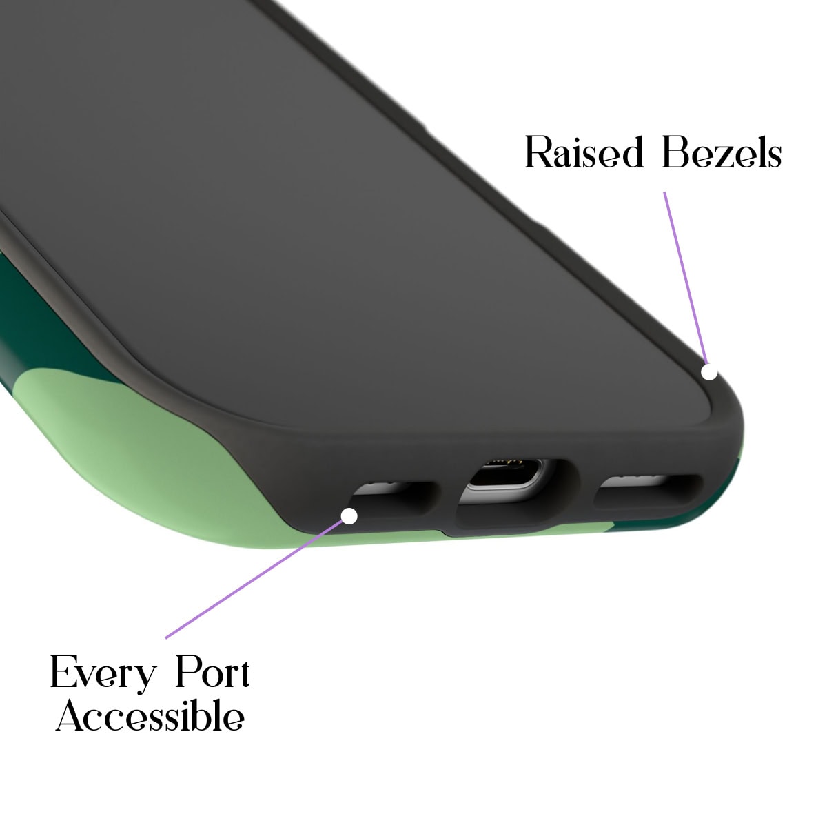 Sleek mobile phone with raised bezel protection and easily accessible ports for durability and convenience.