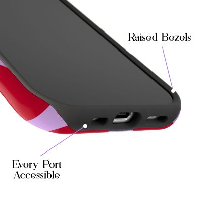 Compact phone with black bottom, raised bezels, and accessible ports, featuring a stylish red and purple patterned case, showcasing durable protection and functional design for everyday use.