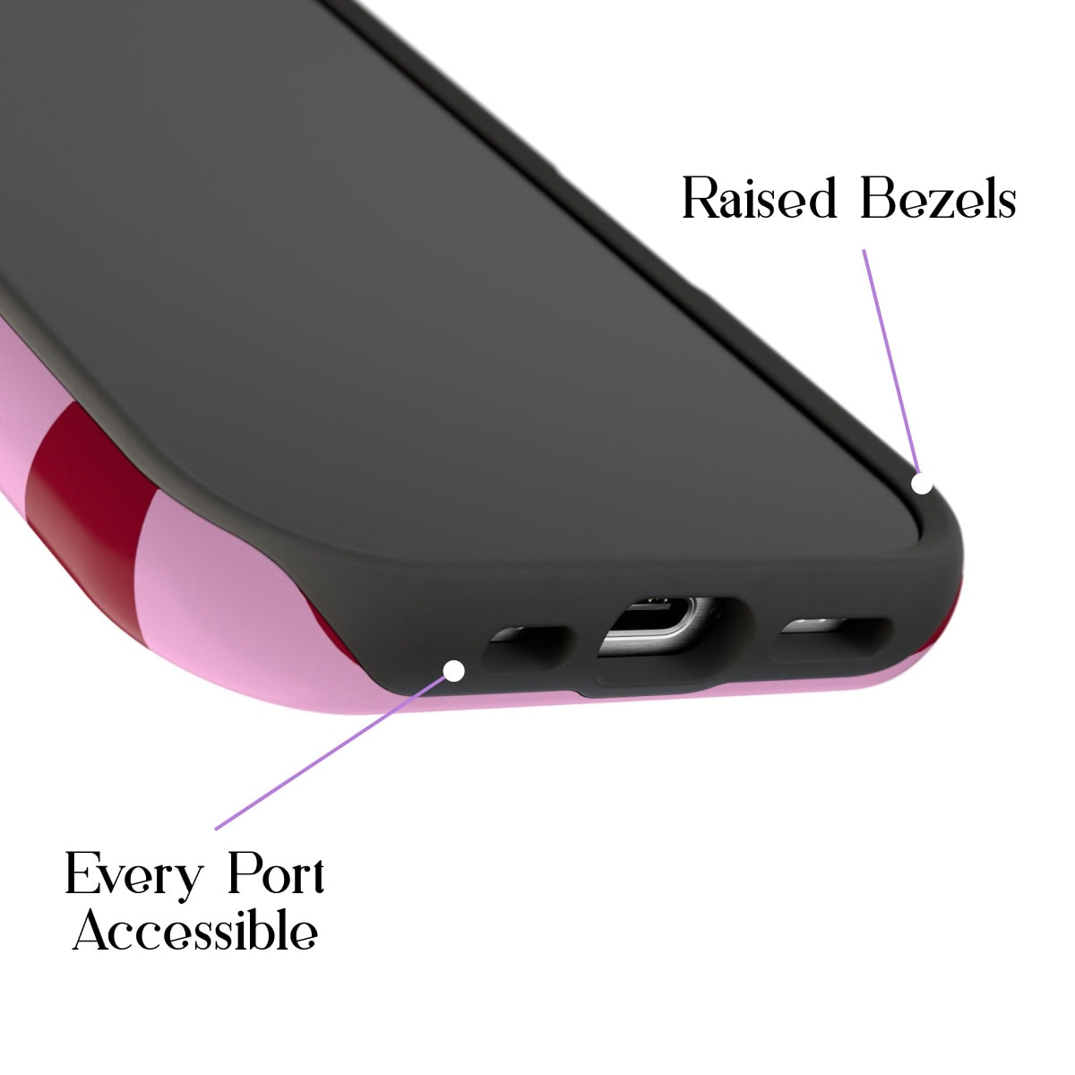 Sleek smartphone with raised bezels and accessible ports, designed for durability and convenience. Perfect for protecting your device while allowing easy access to all ports and features.