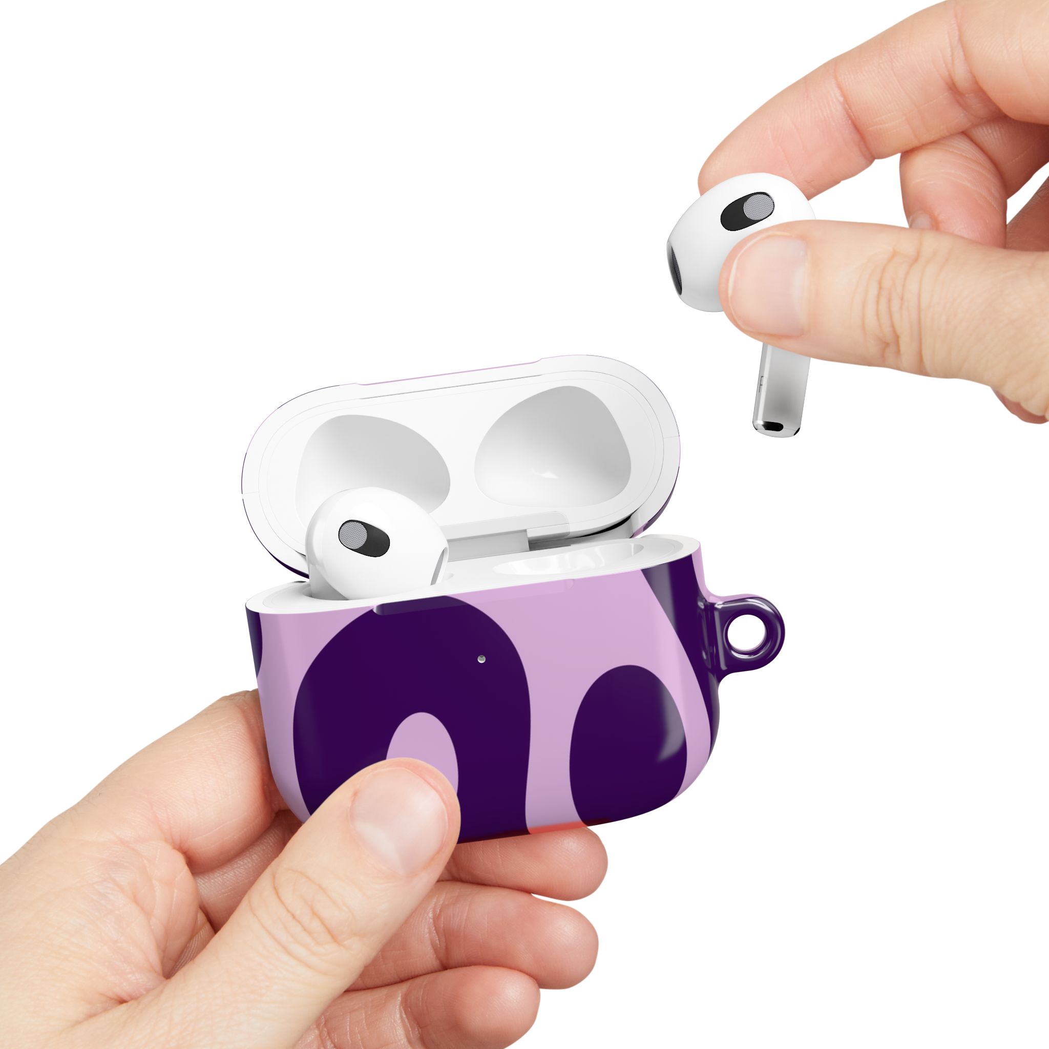 Wireless earbuds in a purple and white protective case, focus on modern audio technology and stylish design.