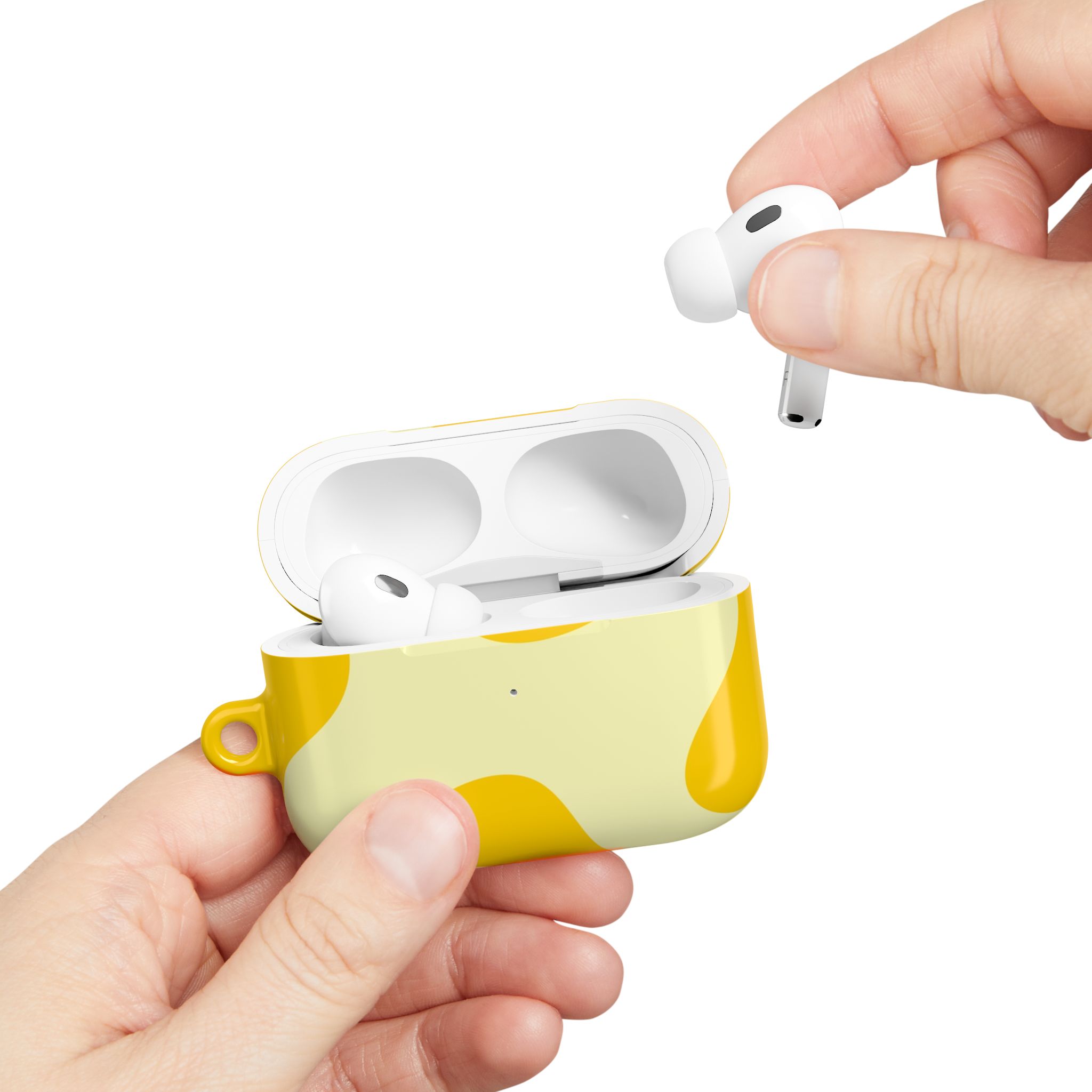 Wireless earbuds in a yellow and white case, highlighting portable and stylish earphone storage solutions.