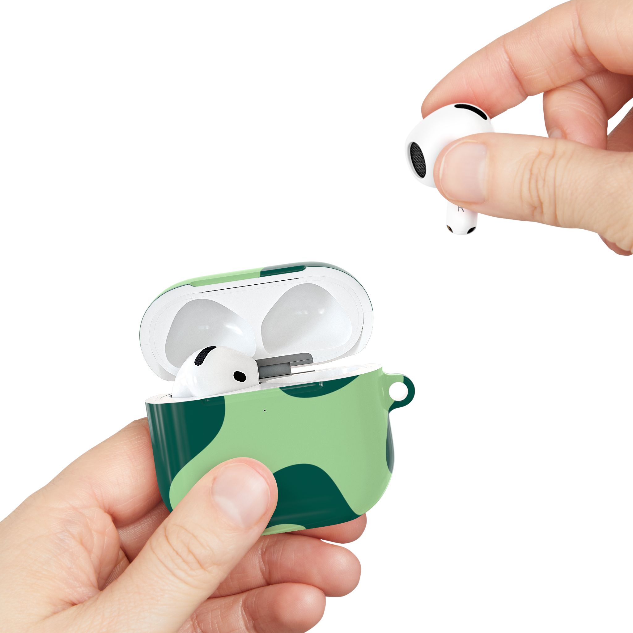 Wireless earbuds with a custom green camouflage charging case, designed for a seamless and stylish audio experience. Perfect for on-the-go listening and outdoor adventures.