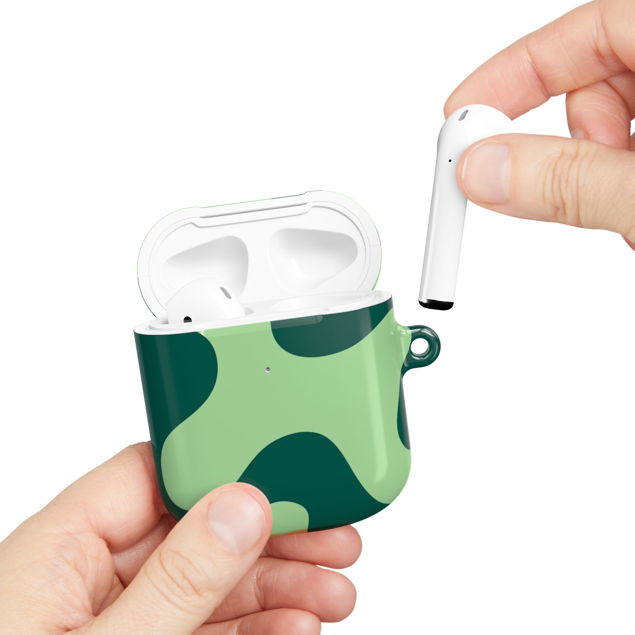 Wireless earbuds in a camo-pattern case, with a hand holding a single earbud, showcasing stylish and functional audio accessories.