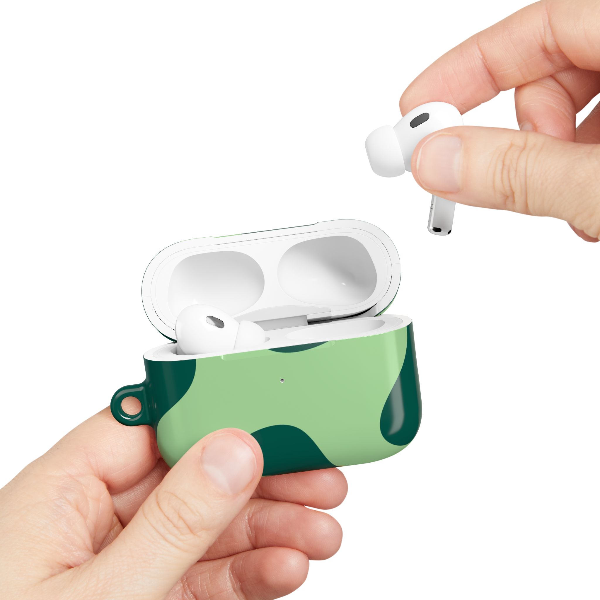 Wireless earbuds in a camouflage-patterned charging case, close-up.