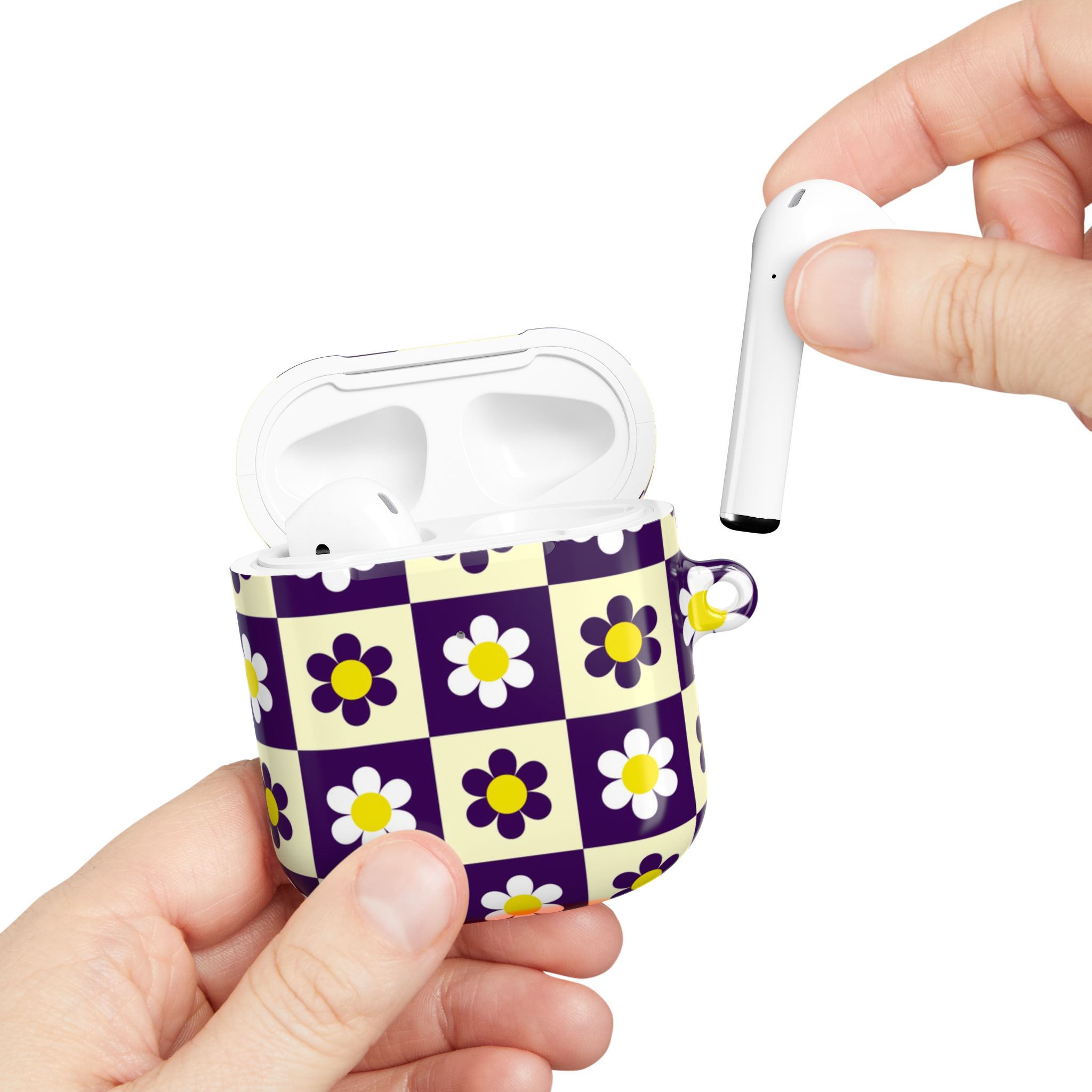 Wireless earbuds in a floral patterned case, showcasing modern audio tech with stylish design.