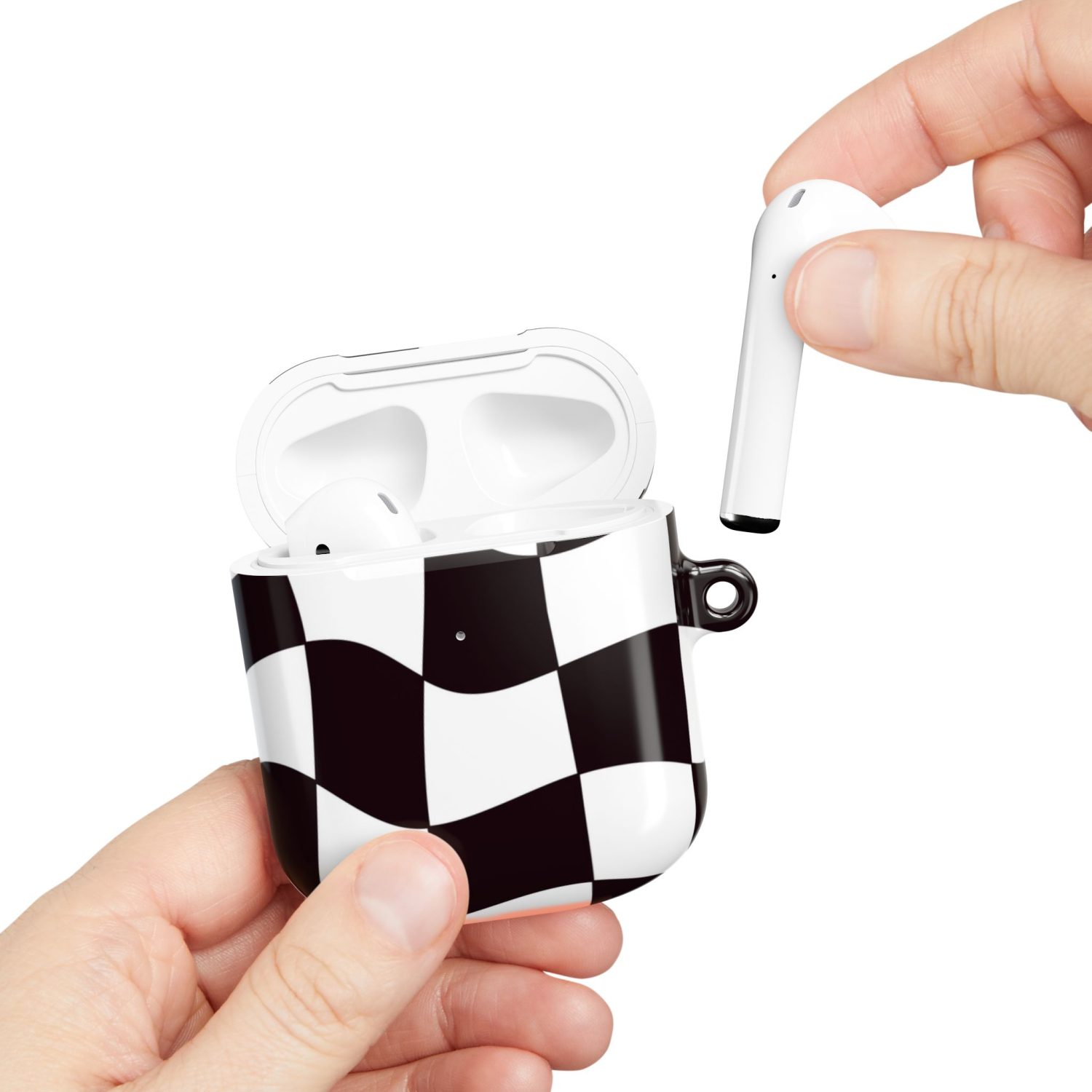 Wireless earbuds in a checkered charging case, showcasing stylish audio accessories for modern listening.