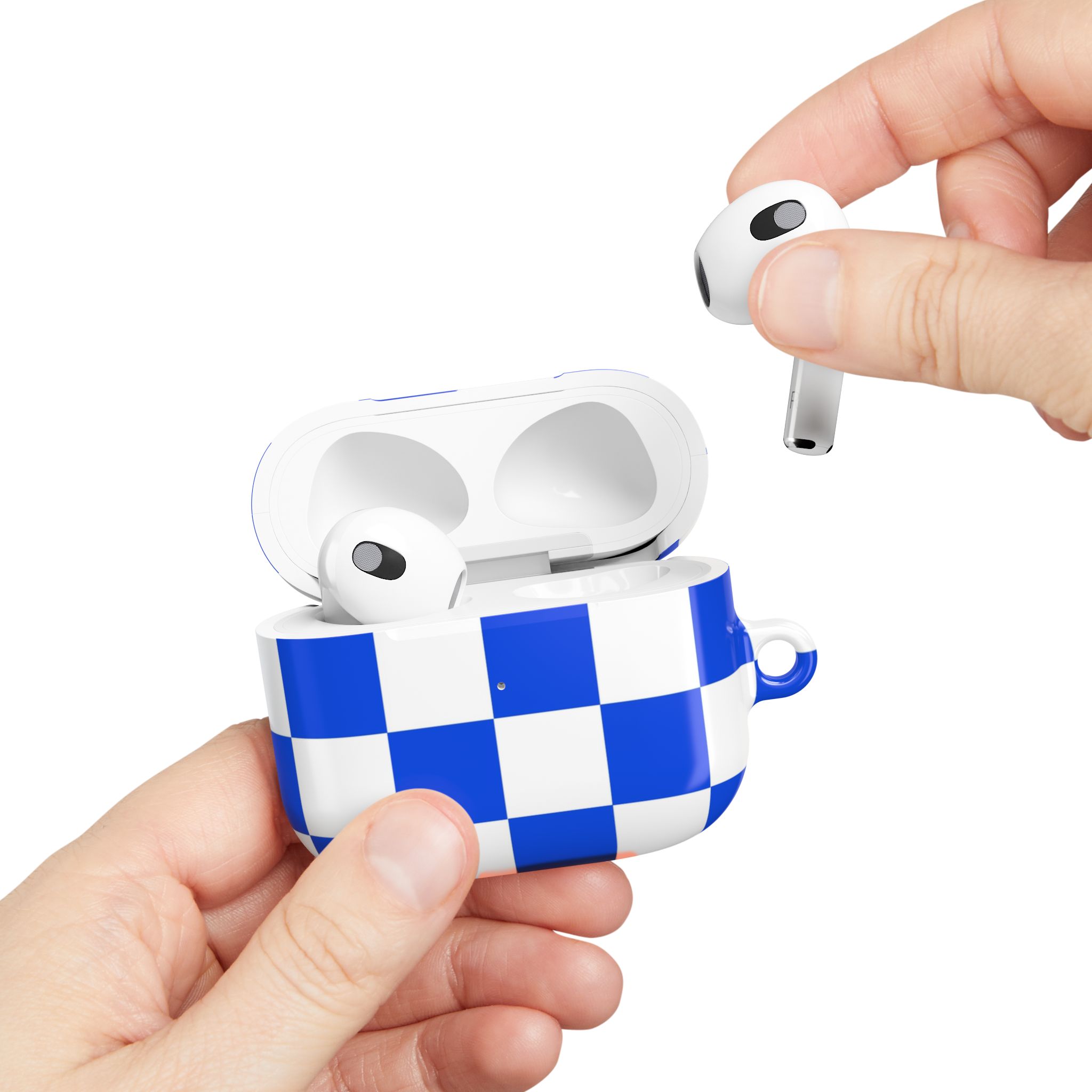 Wireless earbuds in a blue and white checkered case, surrounded by clean, modern design, highlighting premium quality and stylish accessories for seamless audio experiences.