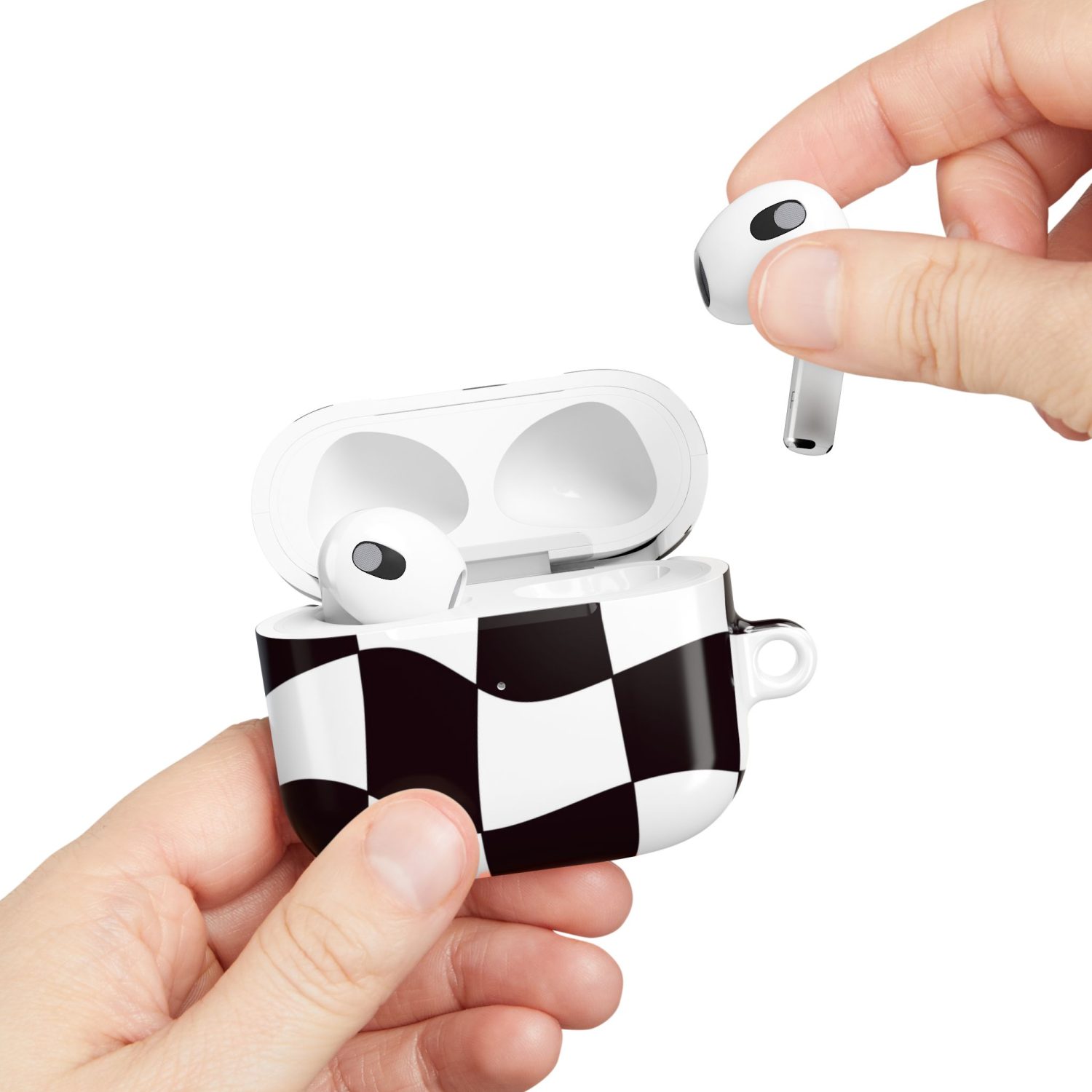 Wireless earbuds in a checkered black and white charging case, designed for stylish music enjoyment.