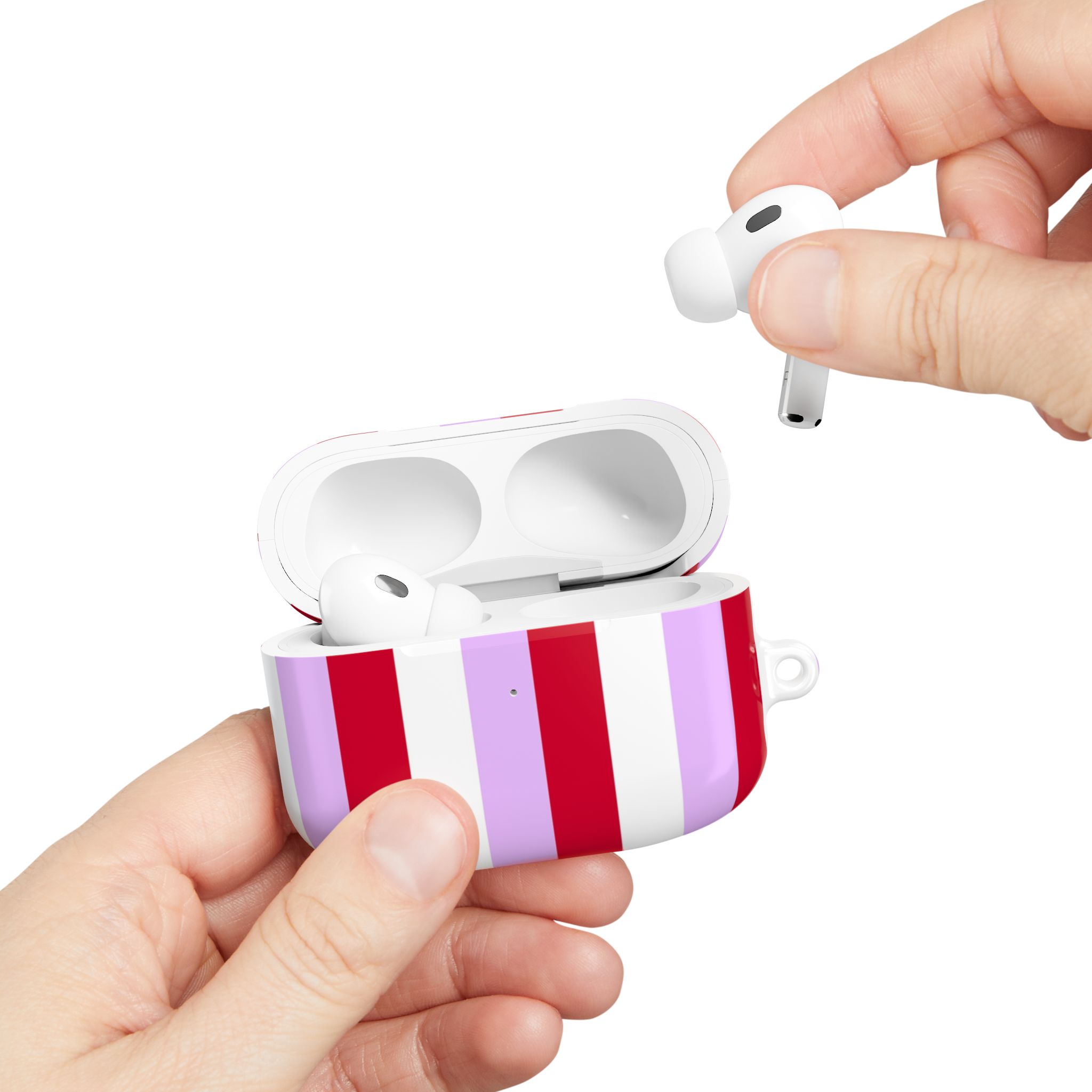Wireless earbuds with charging case, featuring a pink and white striped design, ideal for portable, high-quality audio on the go. Perfect for music lovers and tech enthusiasts.