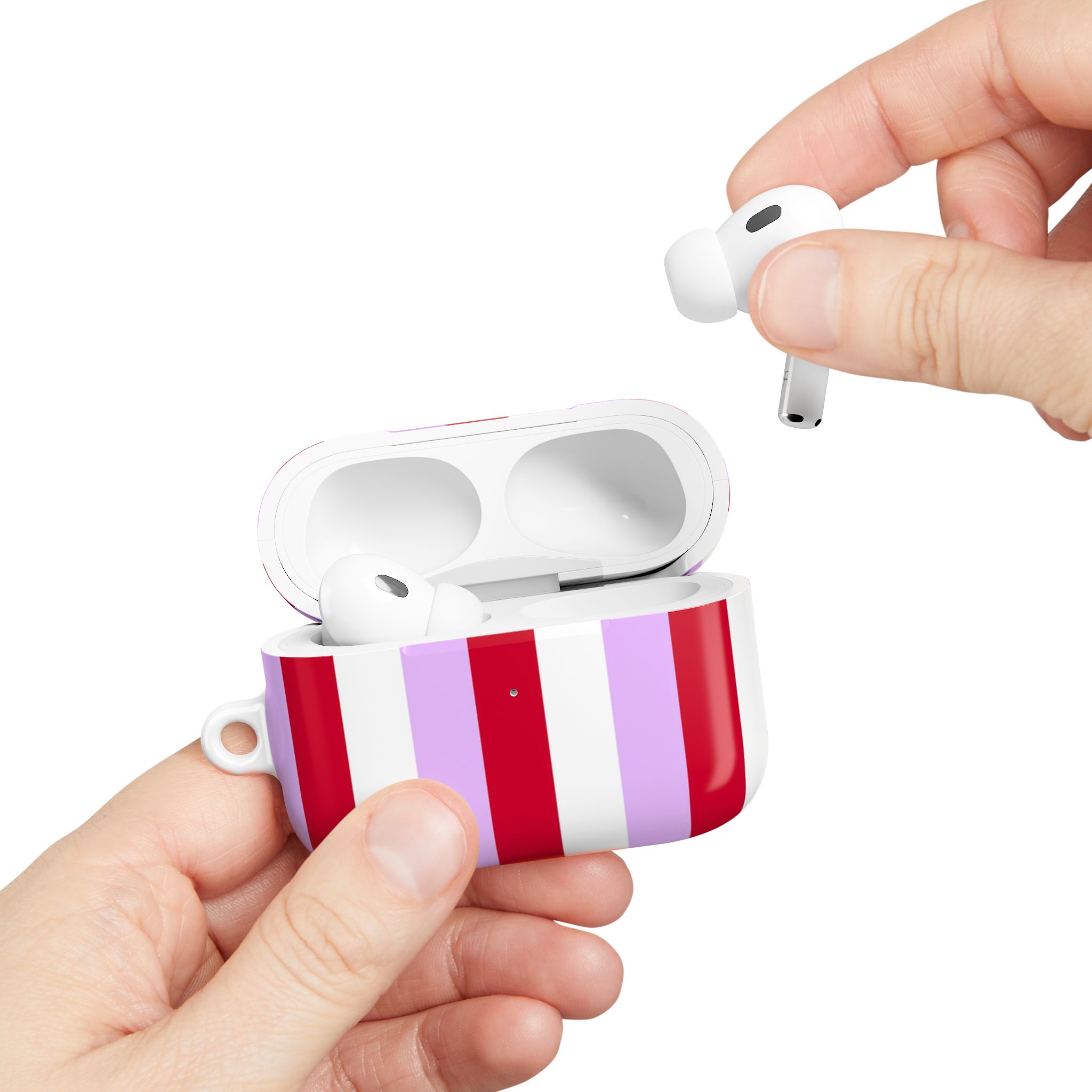 Wireless earbuds in a decorative striped case with red, purple, and white colors, highlighting modern audio technology and accessories.