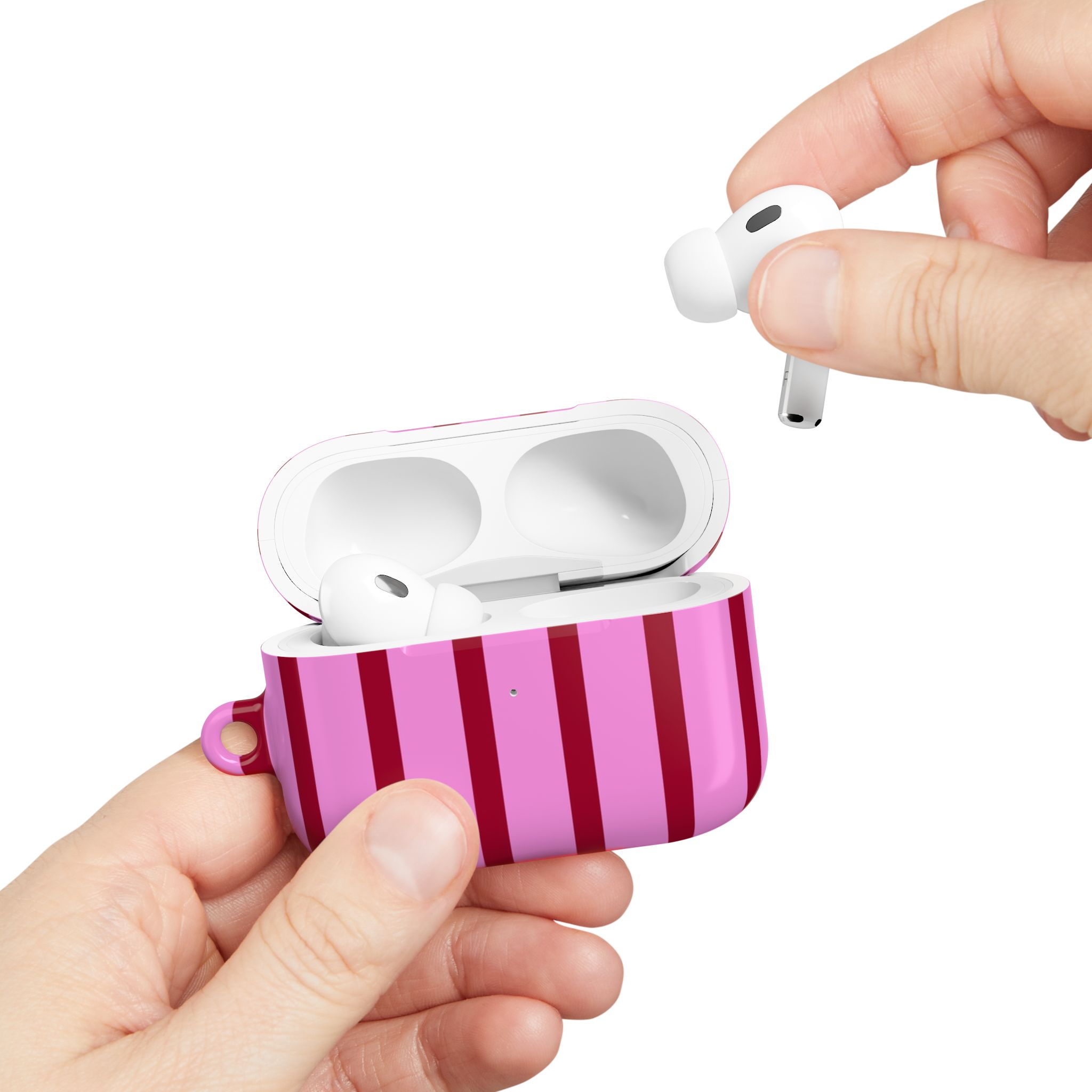 Wireless earbuds with charging case from Florayn, stylish pink and red striped design, compact portable hearing accessories, ideal for music lovers seeking premium sound quality.
