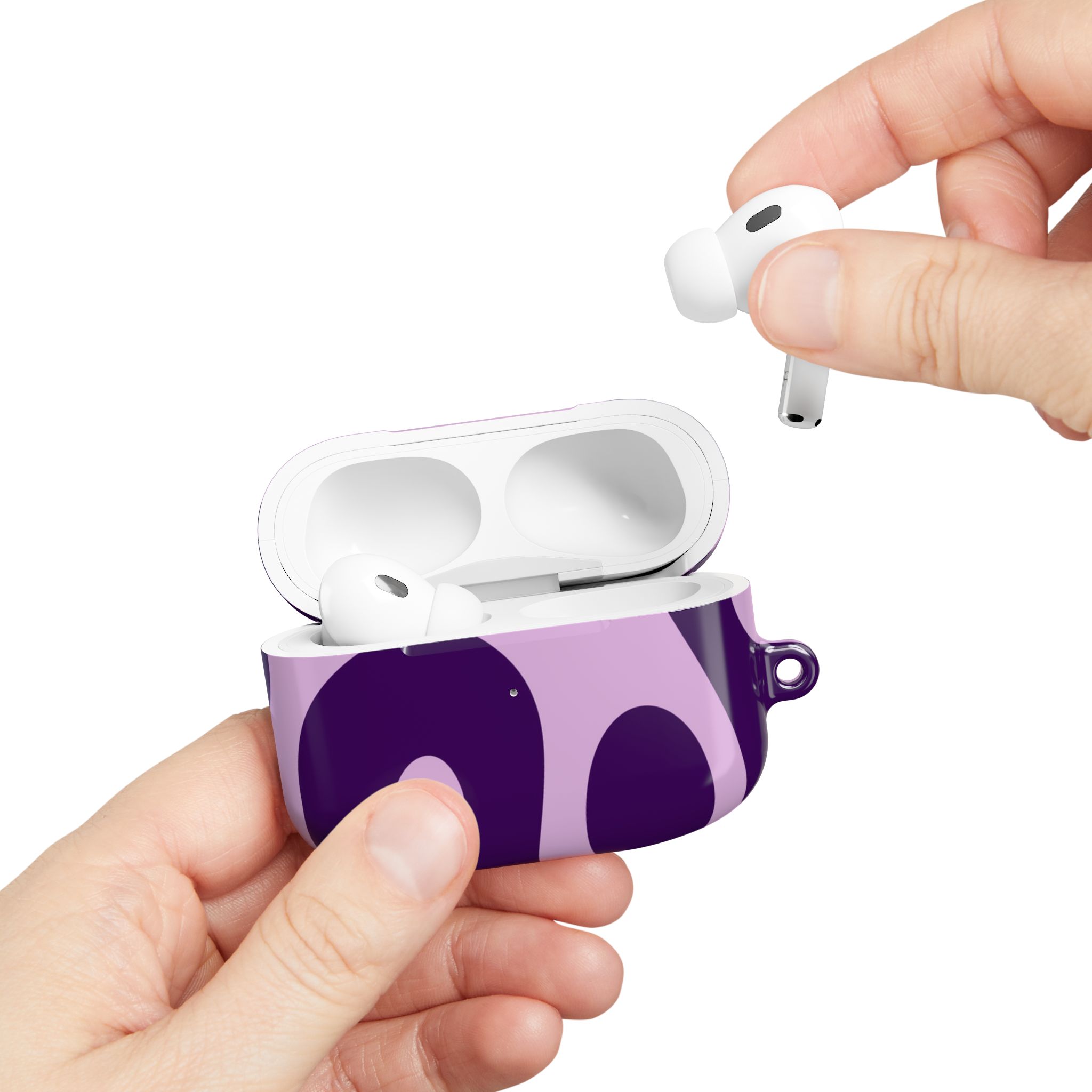 Wireless earbuds in a stylish purple and black case, highlighting modern, portable audio technology for music lovers and on-the-go convenience.
