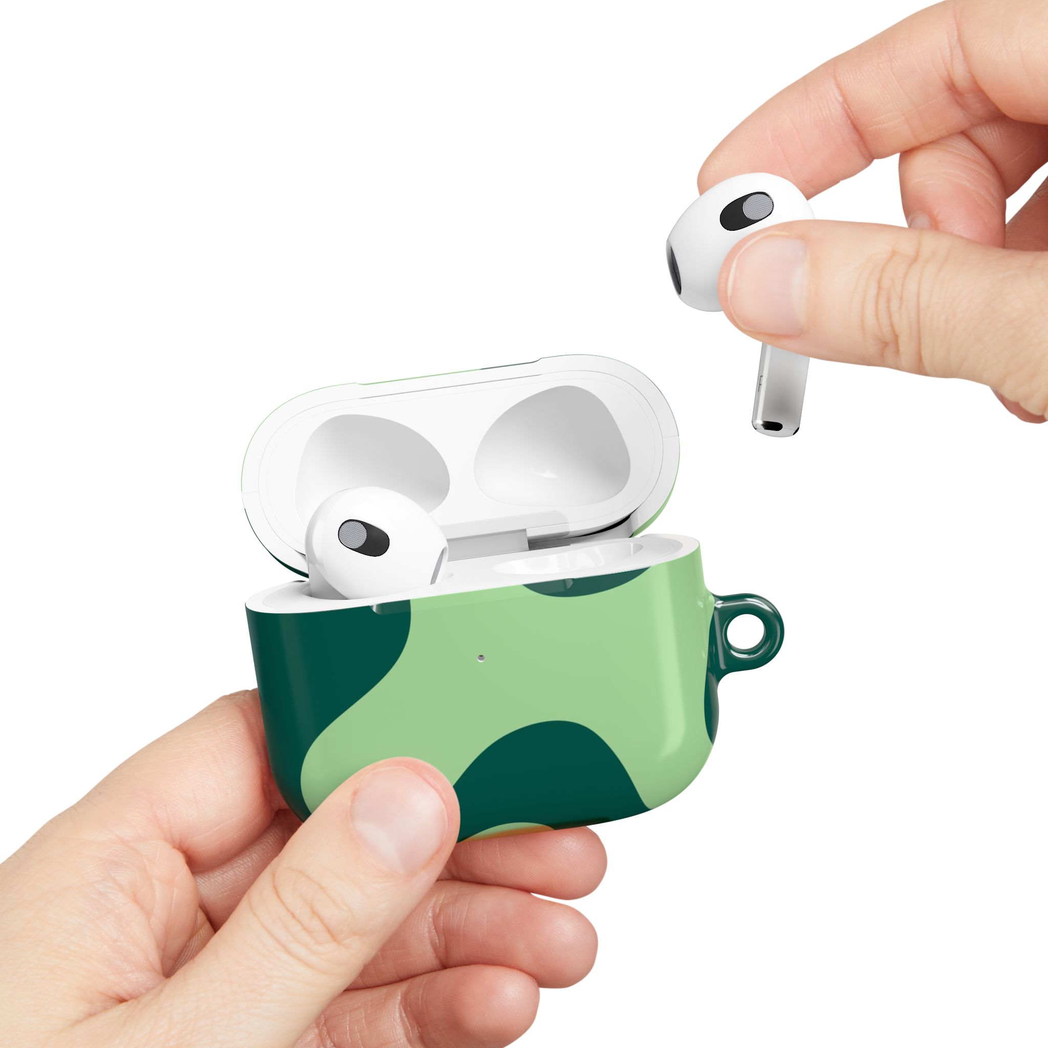 Wireless earbuds in a stylish camouflage case, ideal for portable audio and music lovers. Perfect for on-the-go listening with a sleek, modern design.