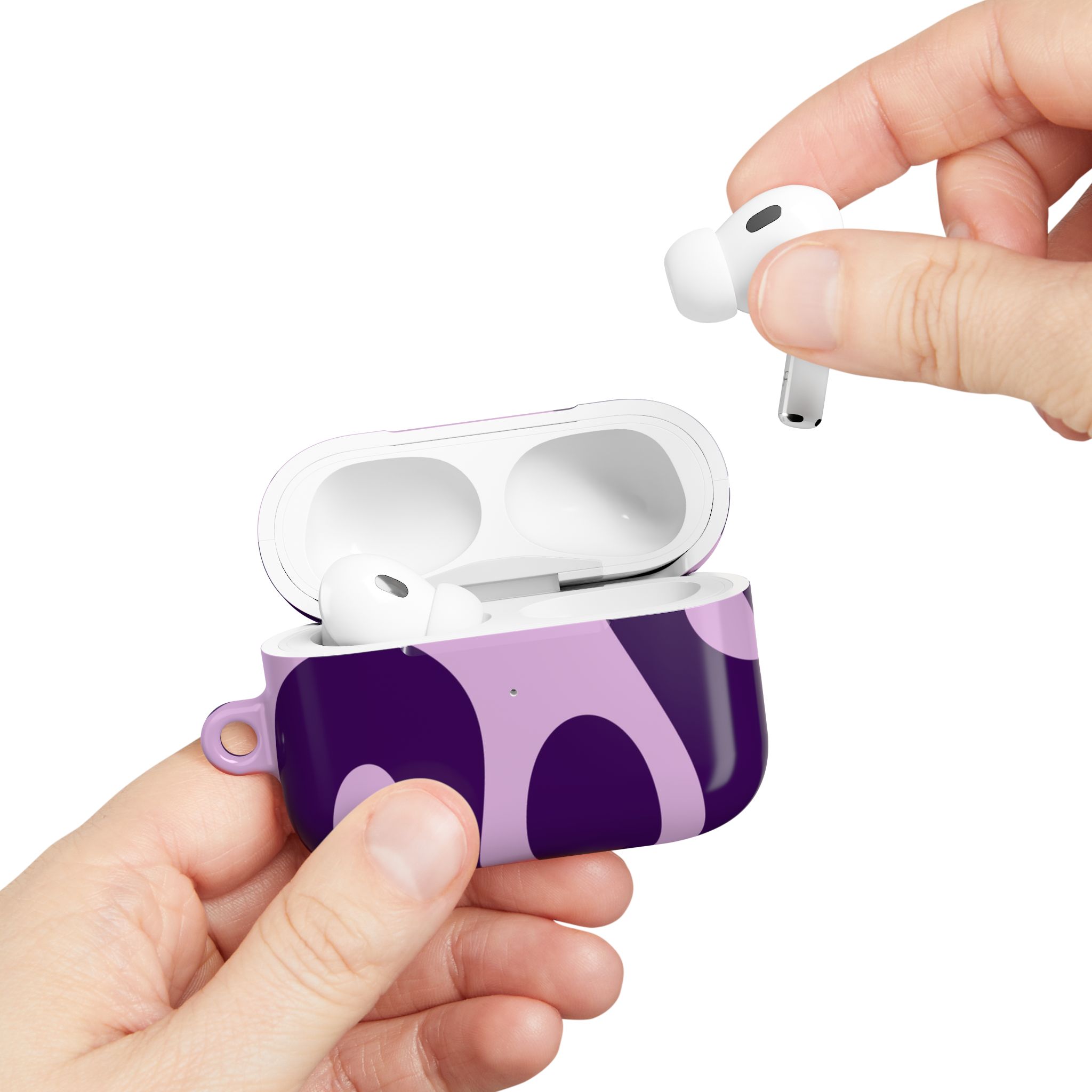 Wireless earbuds in a stylish purple and black patterned case, with a hand placing one earbud into the case for charging or storage. The design showcases modern, portable audio technology ideal for on-the-go use.