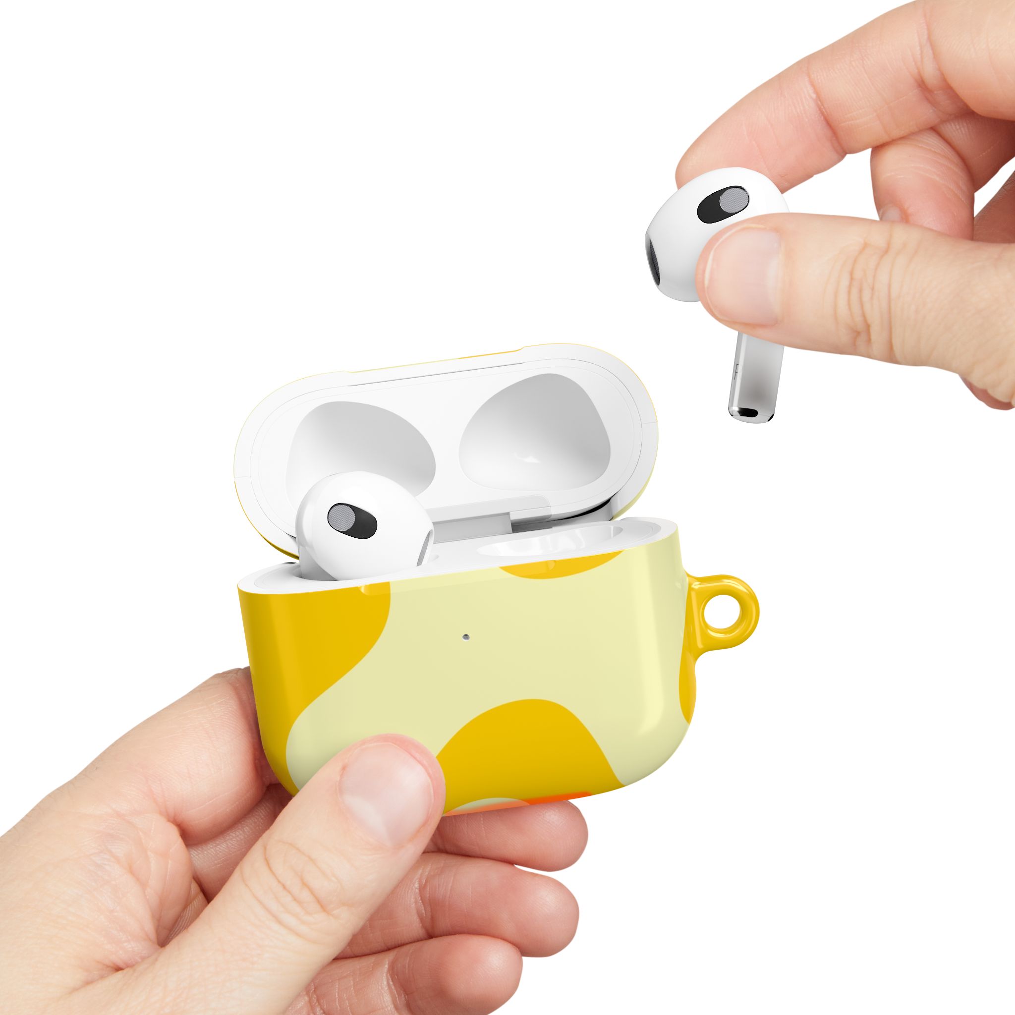 Wireless earbuds in a yellow and white case, showcasing stylish earbud design and portability. Perfect for modern audio accessories and on-the-go listening.
