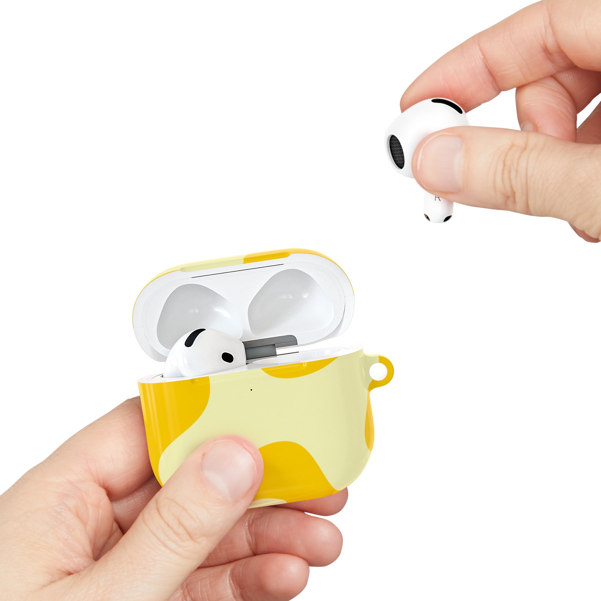 Wireless earbuds with charging case from Florayn, vibrant yellow and white, designed for premium audio and style. Perfect for on-the-go listening experience.