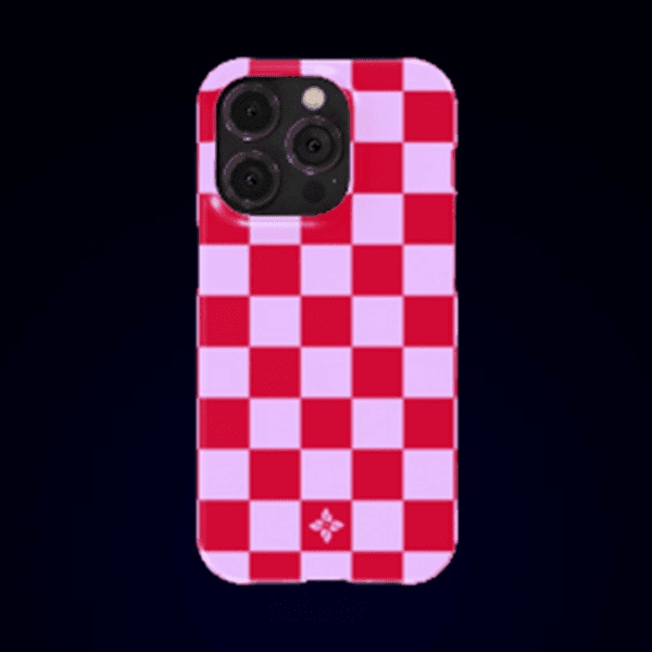 Checkerboard patterned phone case with a red and white design, perfect for customizing your smartphone. Designed for iPhone with camera cutouts to fit multiple lens configurations.