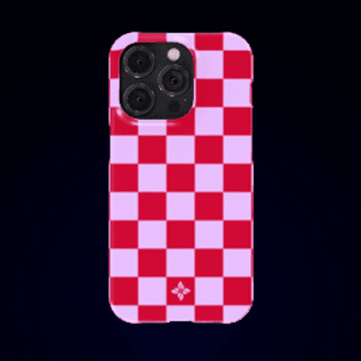 Checkerboard patterned phone case with a red and white design, perfect for customizing your smartphone. Designed for iPhone with camera cutouts to fit multiple lens configurations.