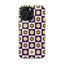 Vibrant floral checkered phone case with purple and white daisies and yellow accents, perfect for stylish protection and unique design.